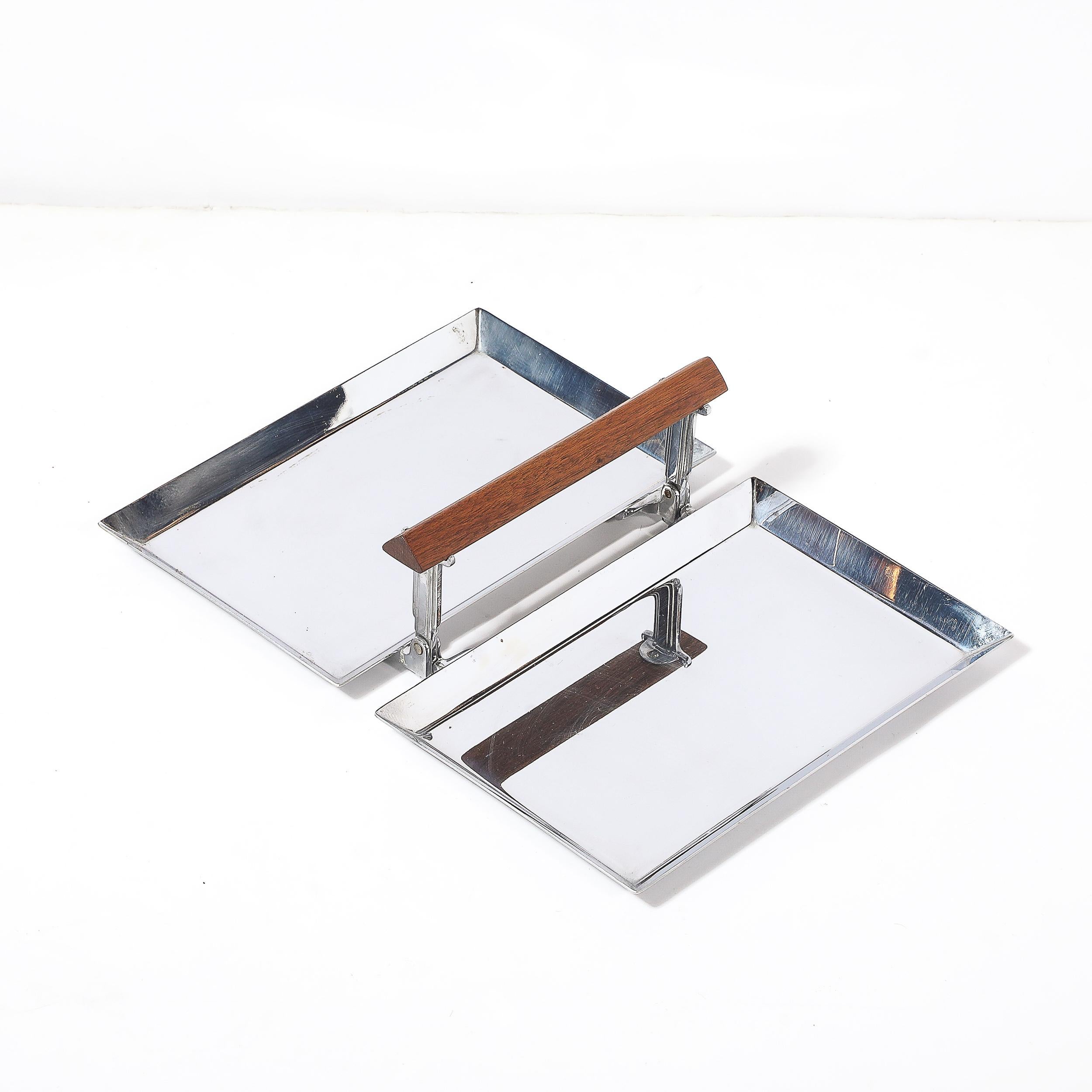 Mid-20th Century Art Deco Chrome Folding Tray with Triangular Walnut Handle For Sale