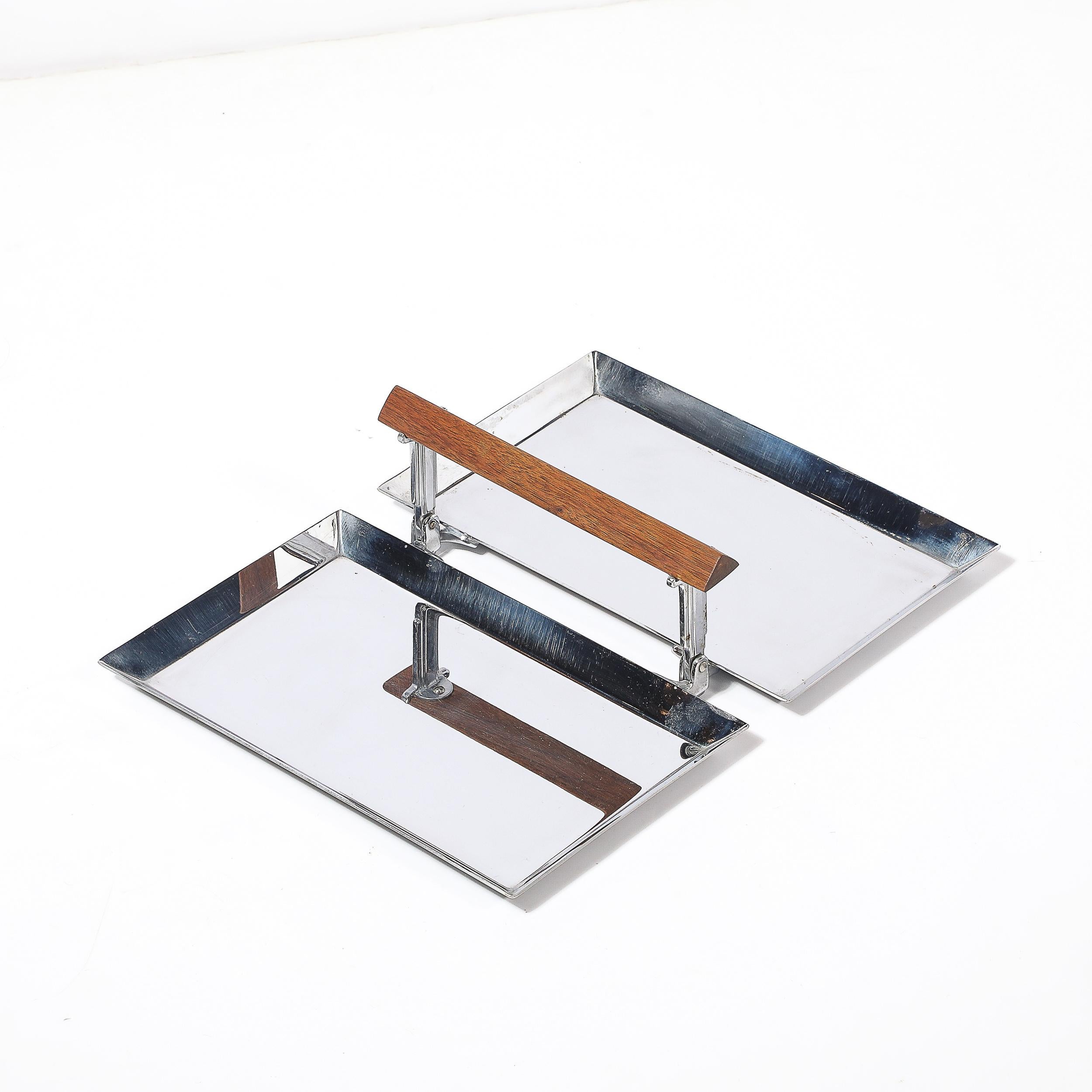 Art Deco Chrome Folding Tray with Triangular Walnut Handle For Sale 2