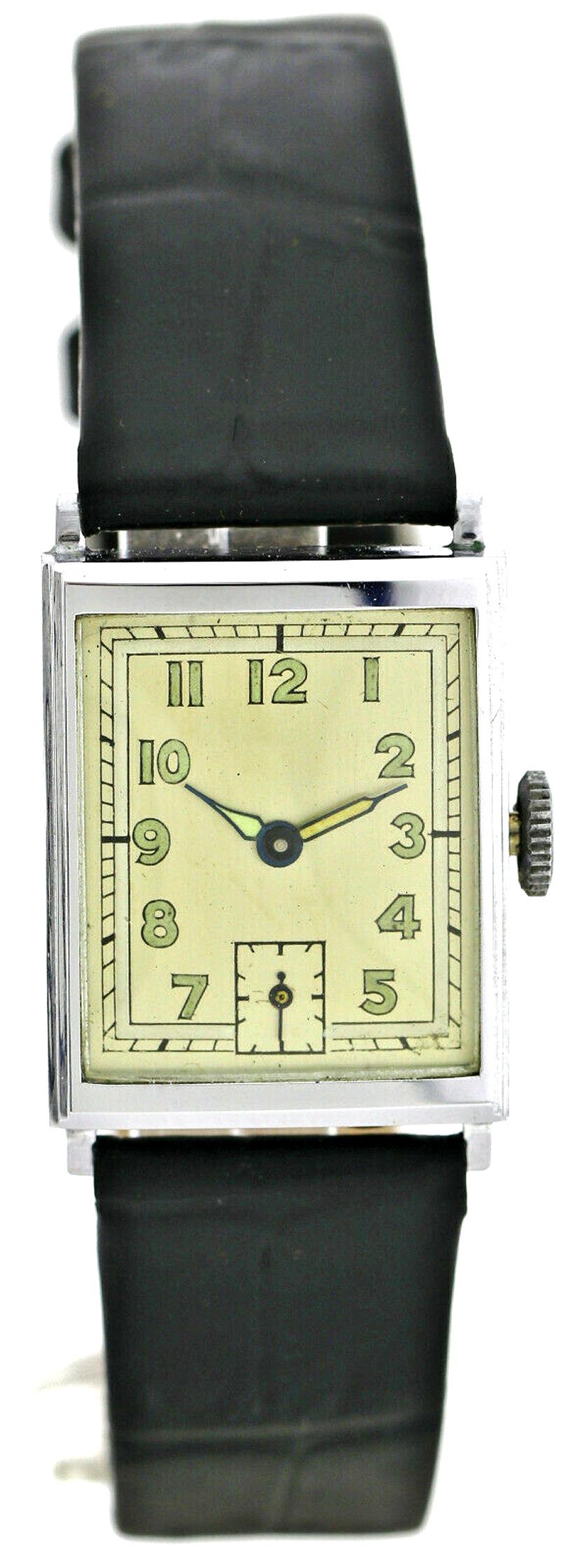 Art Deco Chrome Gents Wristwatch Old Stock, Never Worn, Newly Serviced, 1930 In Good Condition In Westward ho, GB