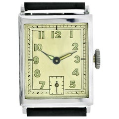 Vintage Art Deco Chrome Gents Wristwatch Old Stock, Never Worn, Newly Serviced, 1930