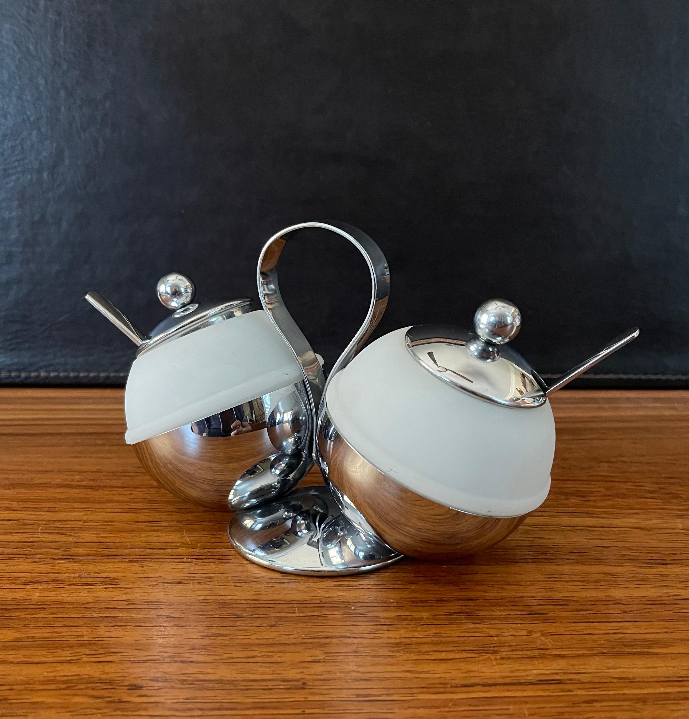 Art Deco Chrome & Glass Double Condiment Server with Spoons by Chase & Co. In Good Condition For Sale In San Diego, CA