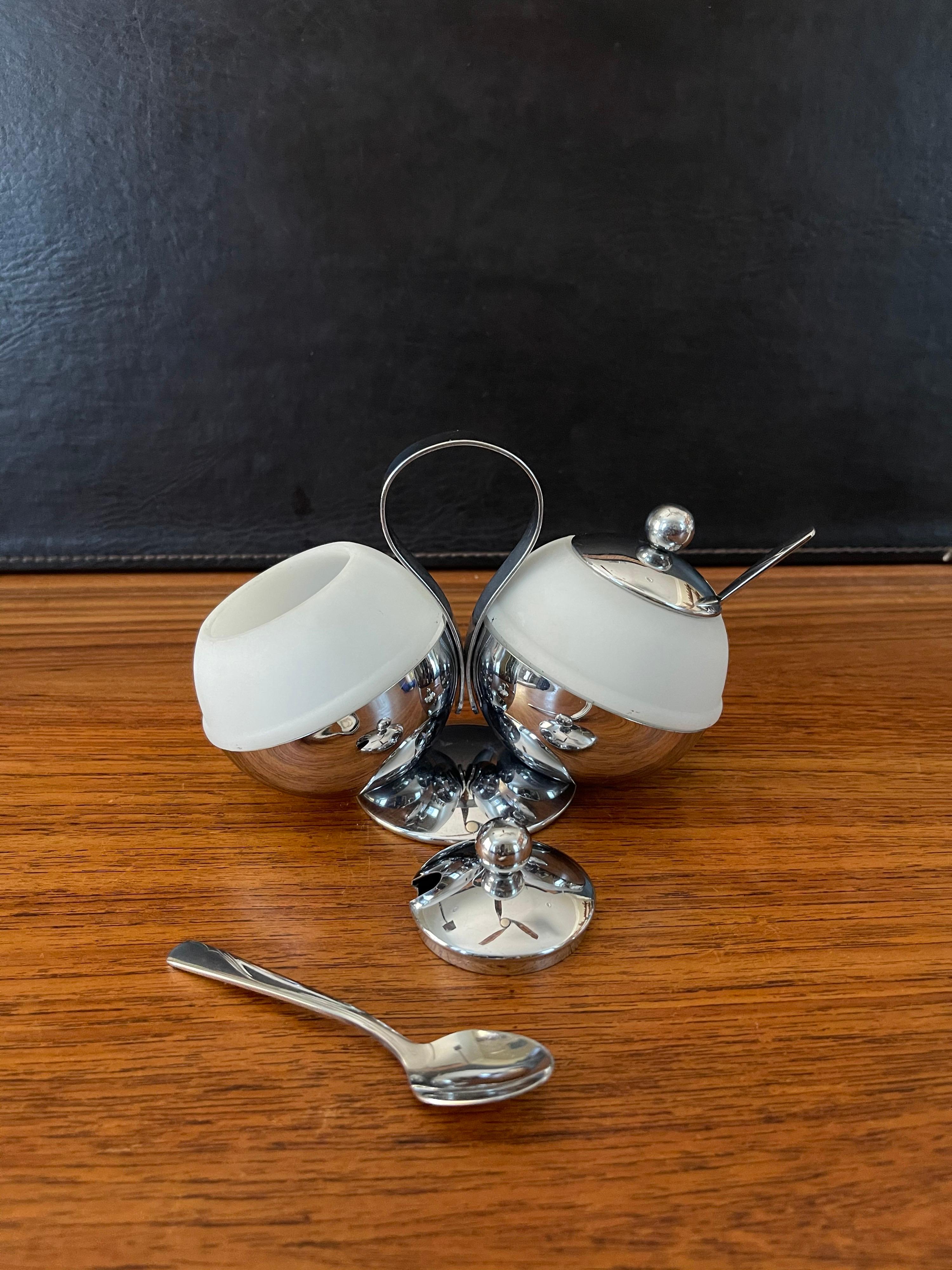 Art Deco Chrome & Glass Double Condiment Server with Spoons by Chase & Co. For Sale 4