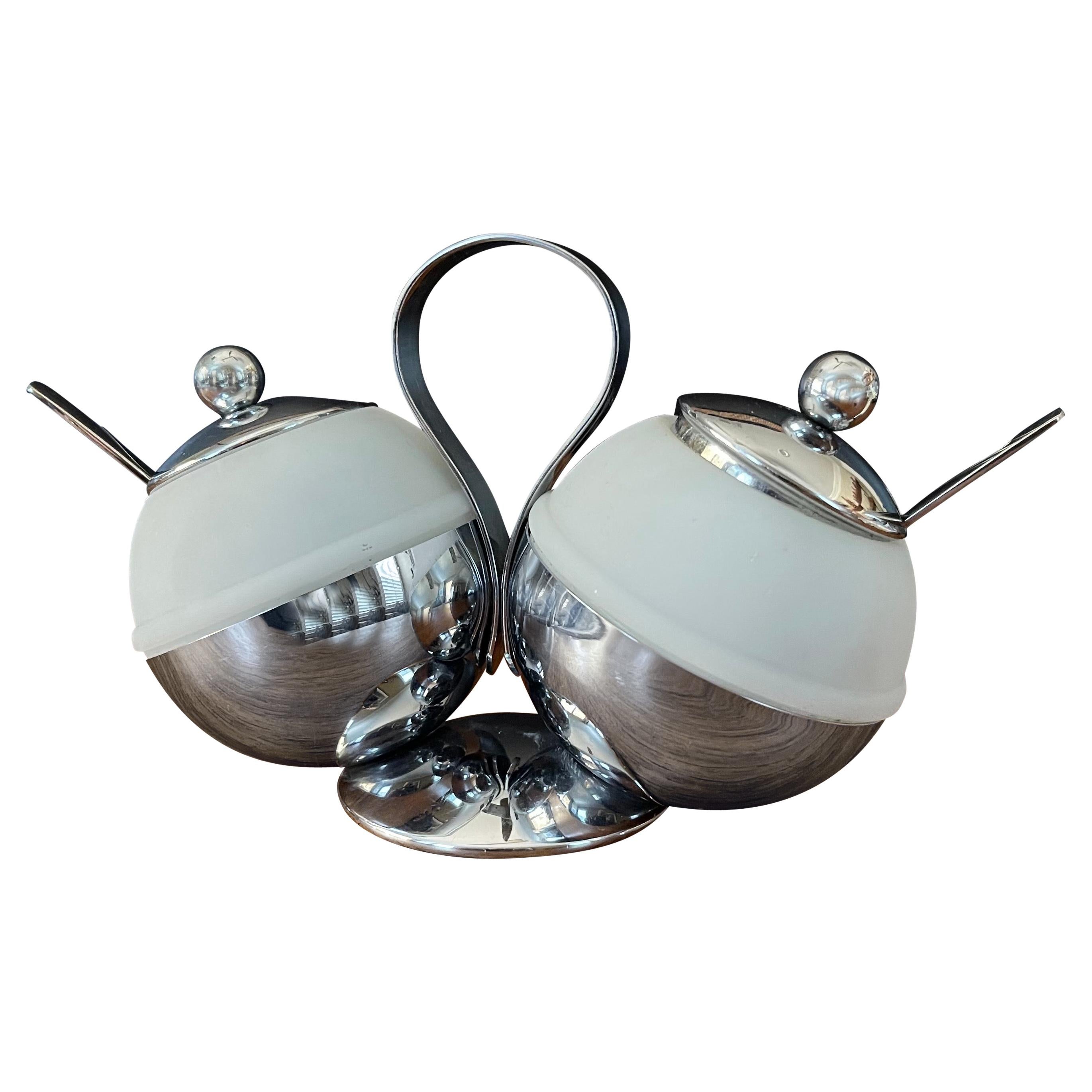 Art Deco Chrome & Glass Double Condiment Server with Spoons by Chase & Co.