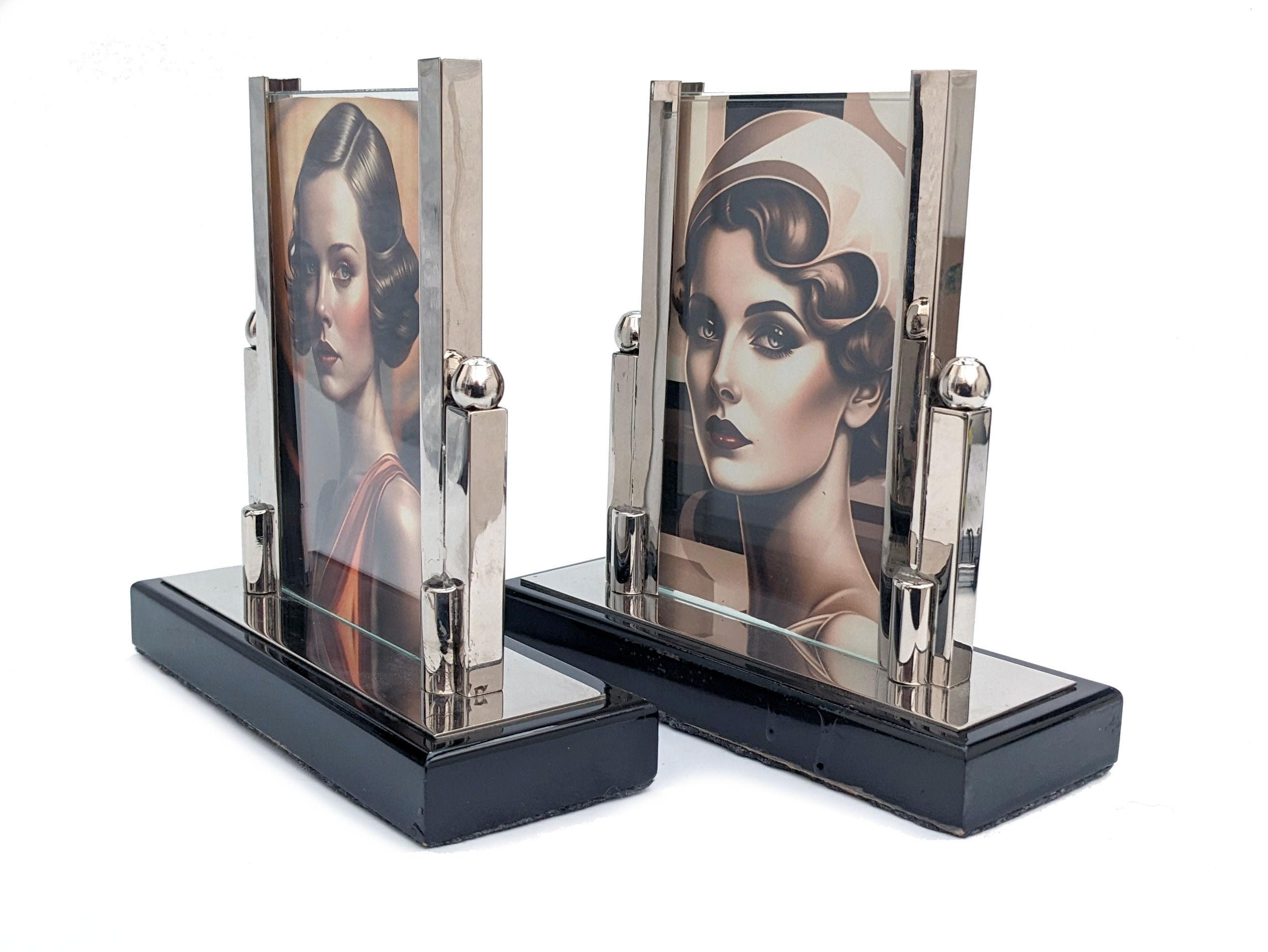 Superb 1930's Art Deco modernist free standing picture frames in chrome and glass. The frame has two pieces of glass which slot into the chrome stand. You can display a picture both to the front and back. Highly lacquered black wooden base with
