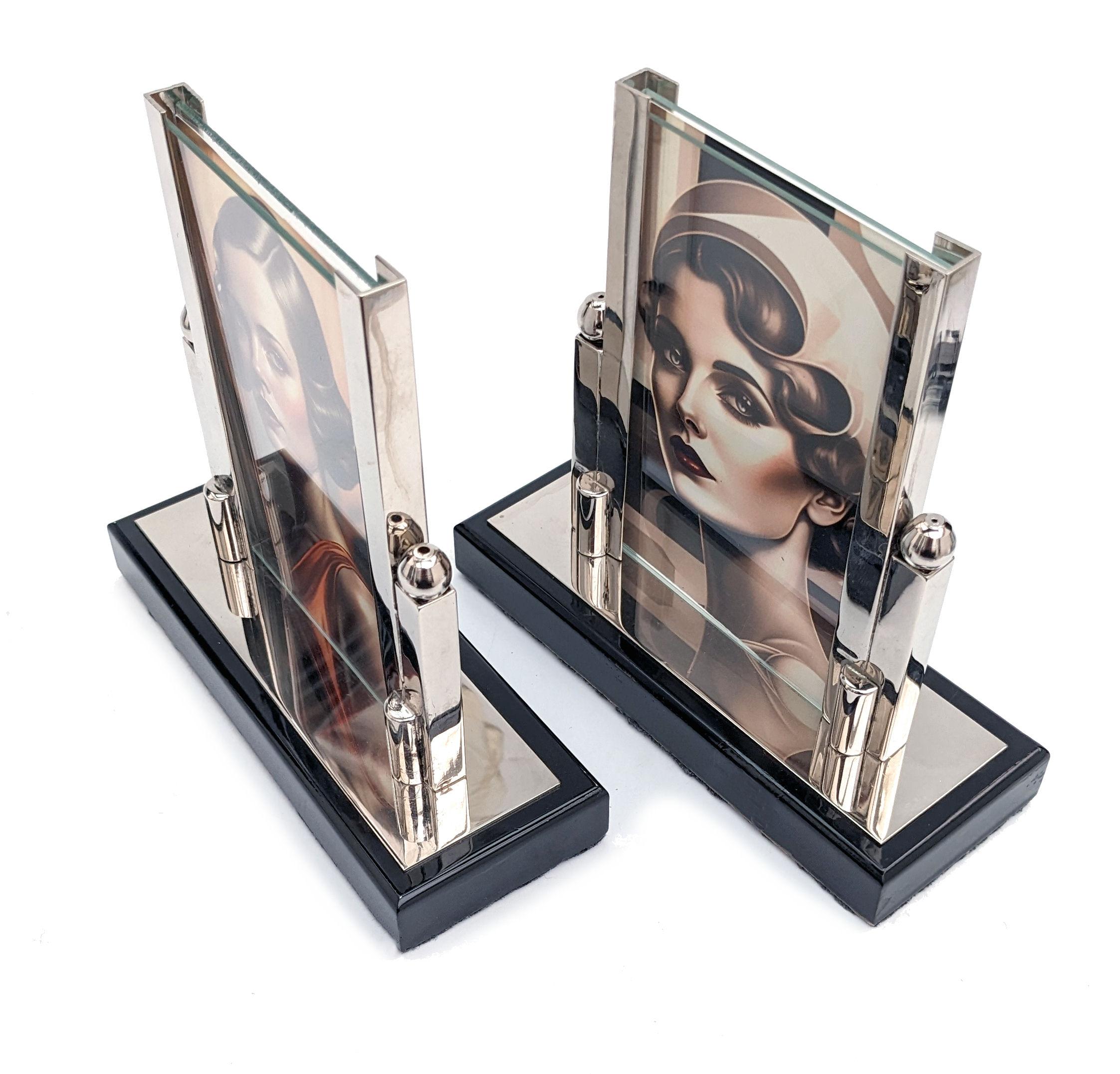 German Art Deco Chrome & Glass Free Standing Matching Picture Frames, c1930 For Sale