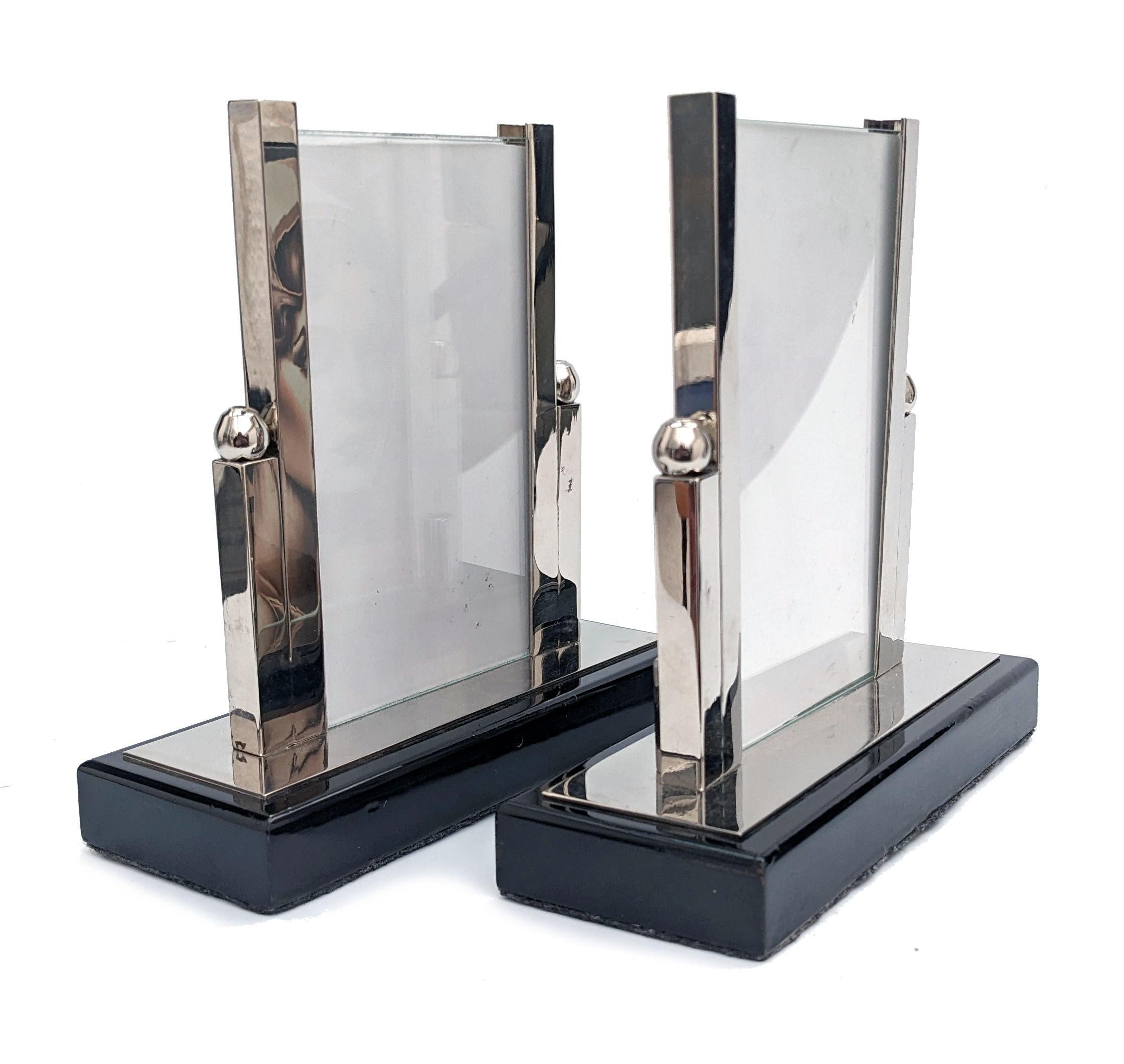 Lacquered Art Deco Chrome & Glass Free Standing Matching Picture Frames, c1930 For Sale