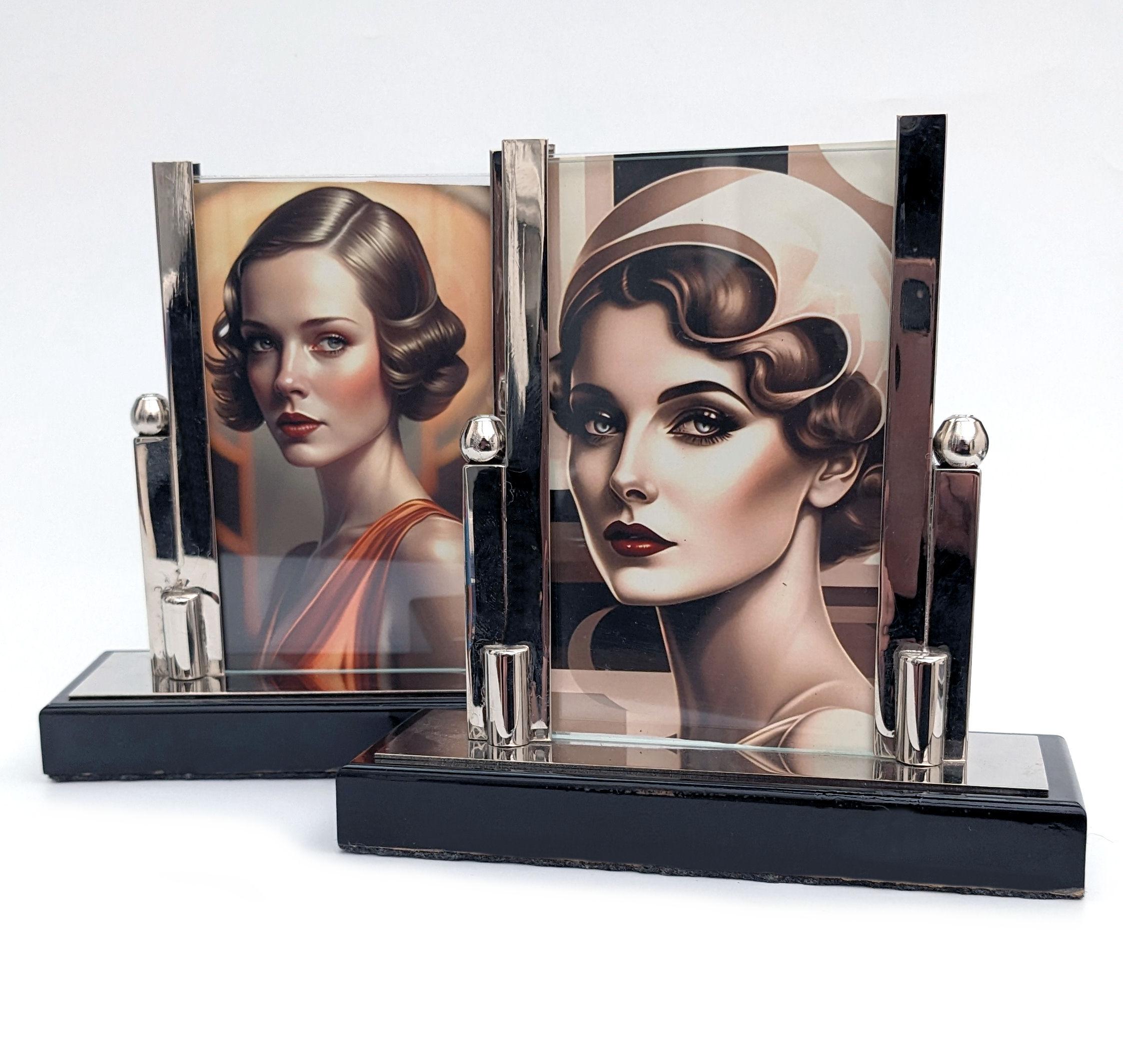 Art Deco Chrome & Glass Free Standing Matching Picture Frames, c1930 In Good Condition For Sale In Devon, England