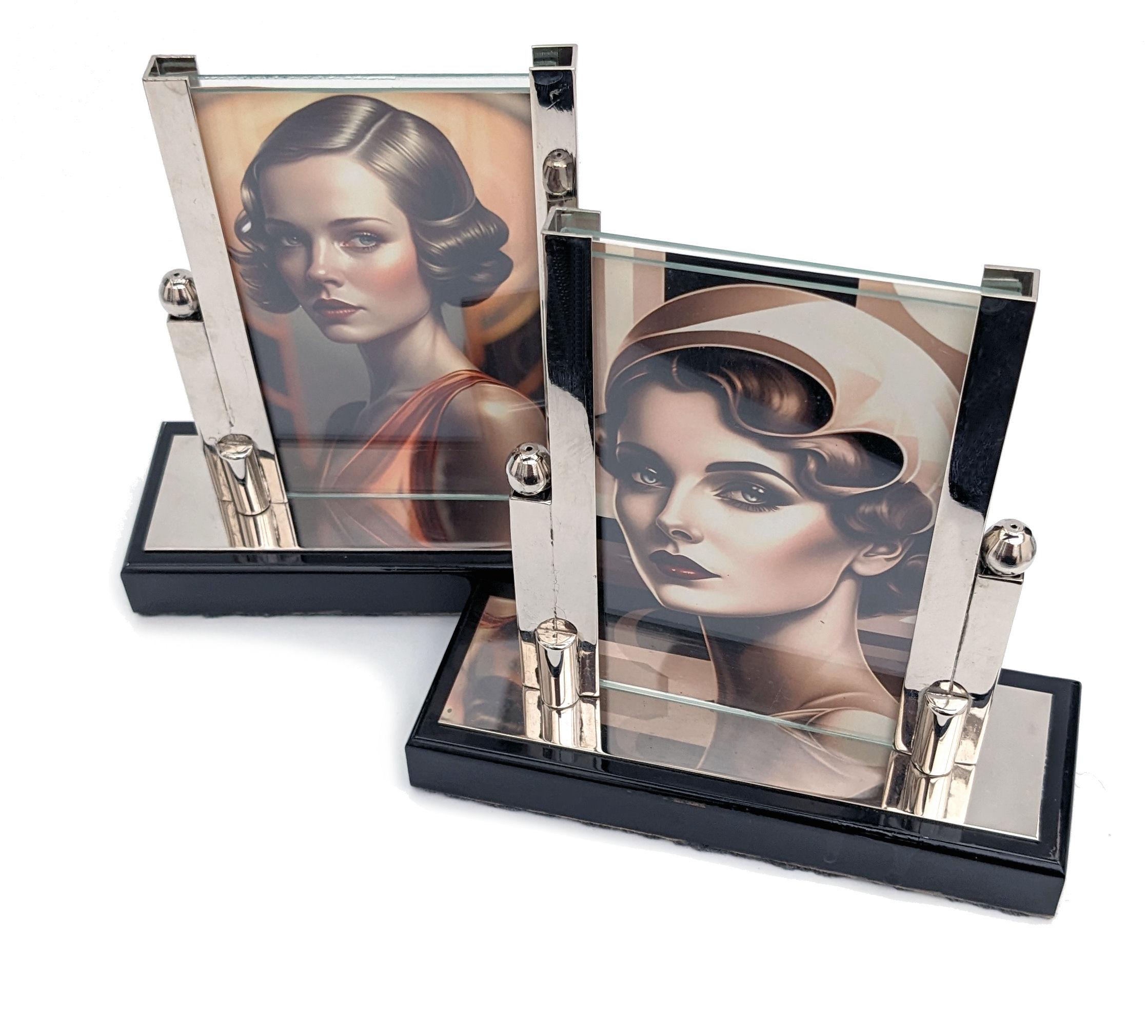 20th Century Art Deco Chrome & Glass Free Standing Matching Picture Frames, c1930 For Sale