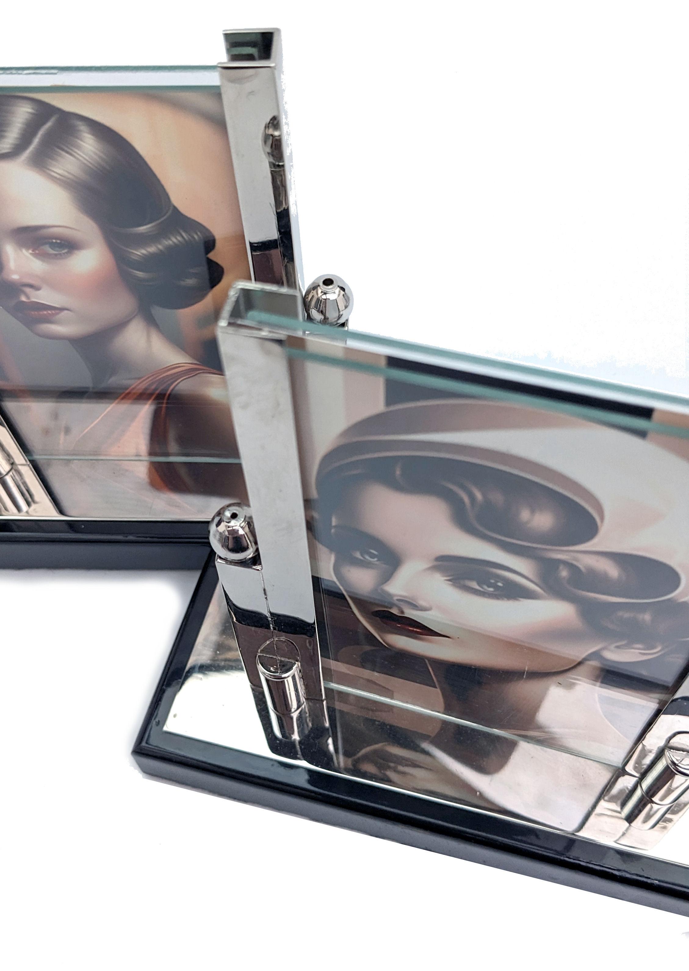 Art Deco Chrome & Glass Free Standing Matching Picture Frames, c1930 2