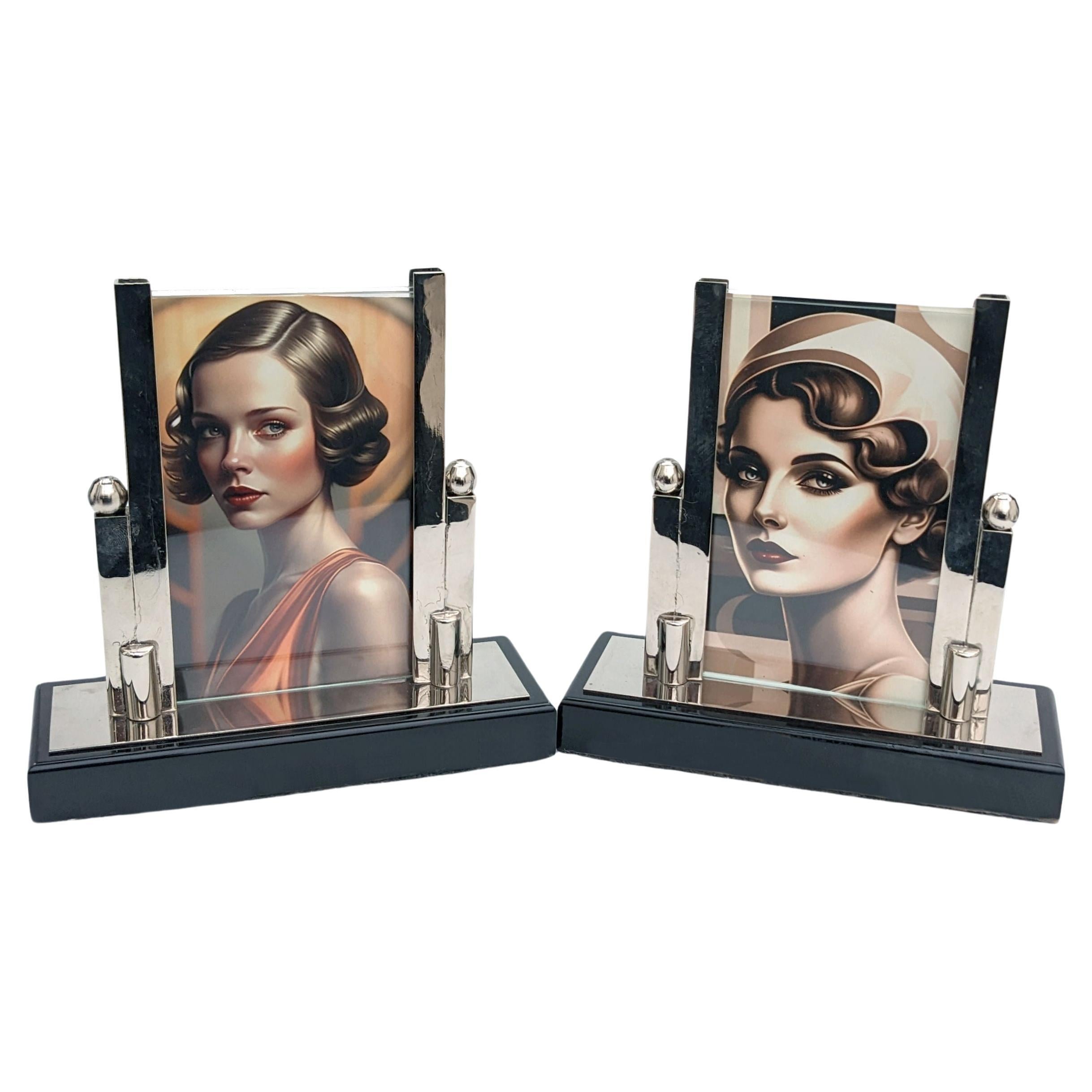 Art Deco Chrome & Glass Free Standing Matching Picture Frames, c1930 For Sale