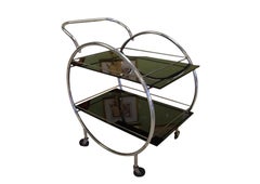Art Deco Chrome Hoop & Black Glass Cocktail Cart Dry Bar or Tea Trolly