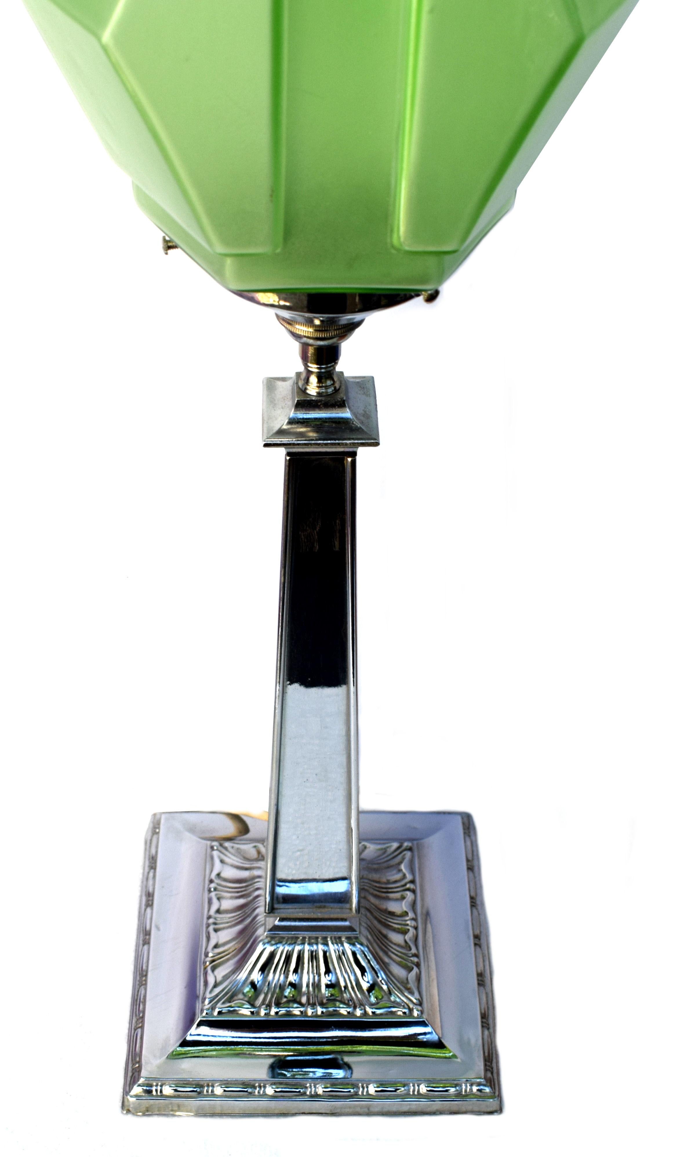 20th Century Art Deco Chrome Lamp with Stylish Green Shade, circa 1930s