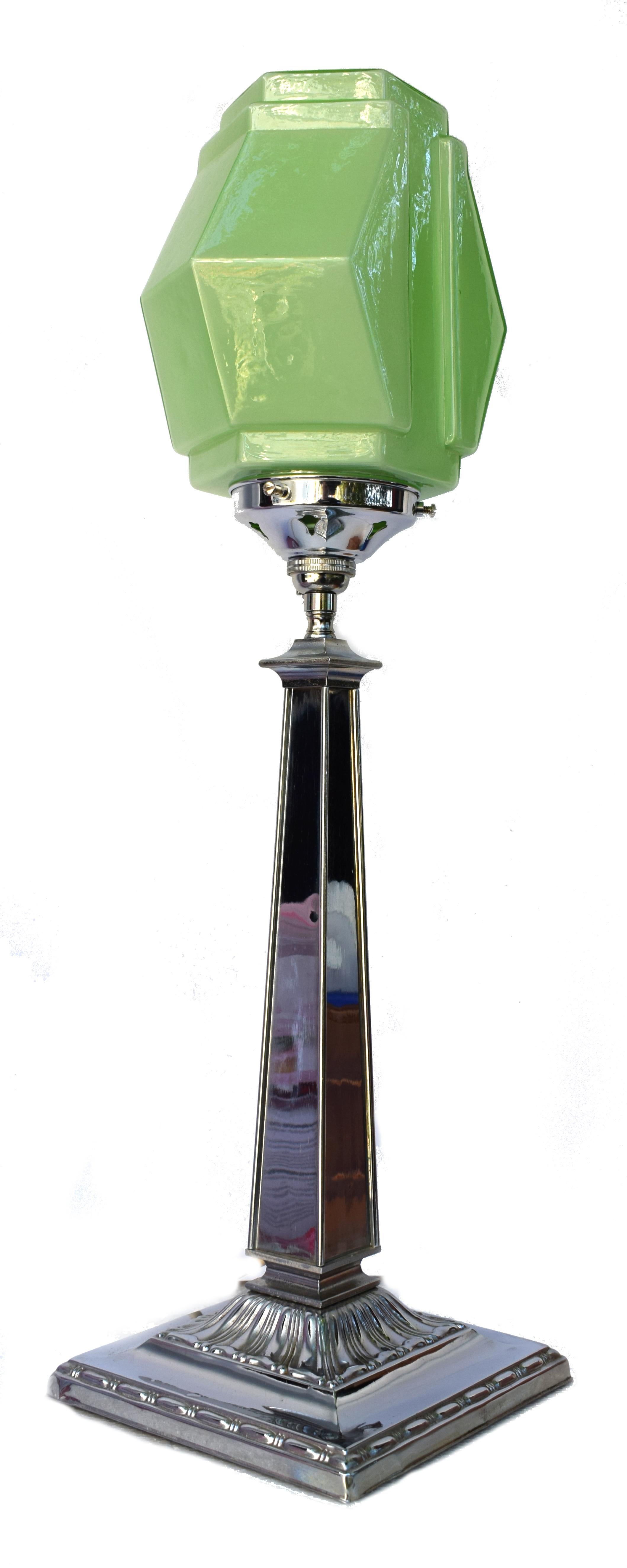 Brass Art Deco Chrome Lamp with Stylish Green Shade, circa 1930s