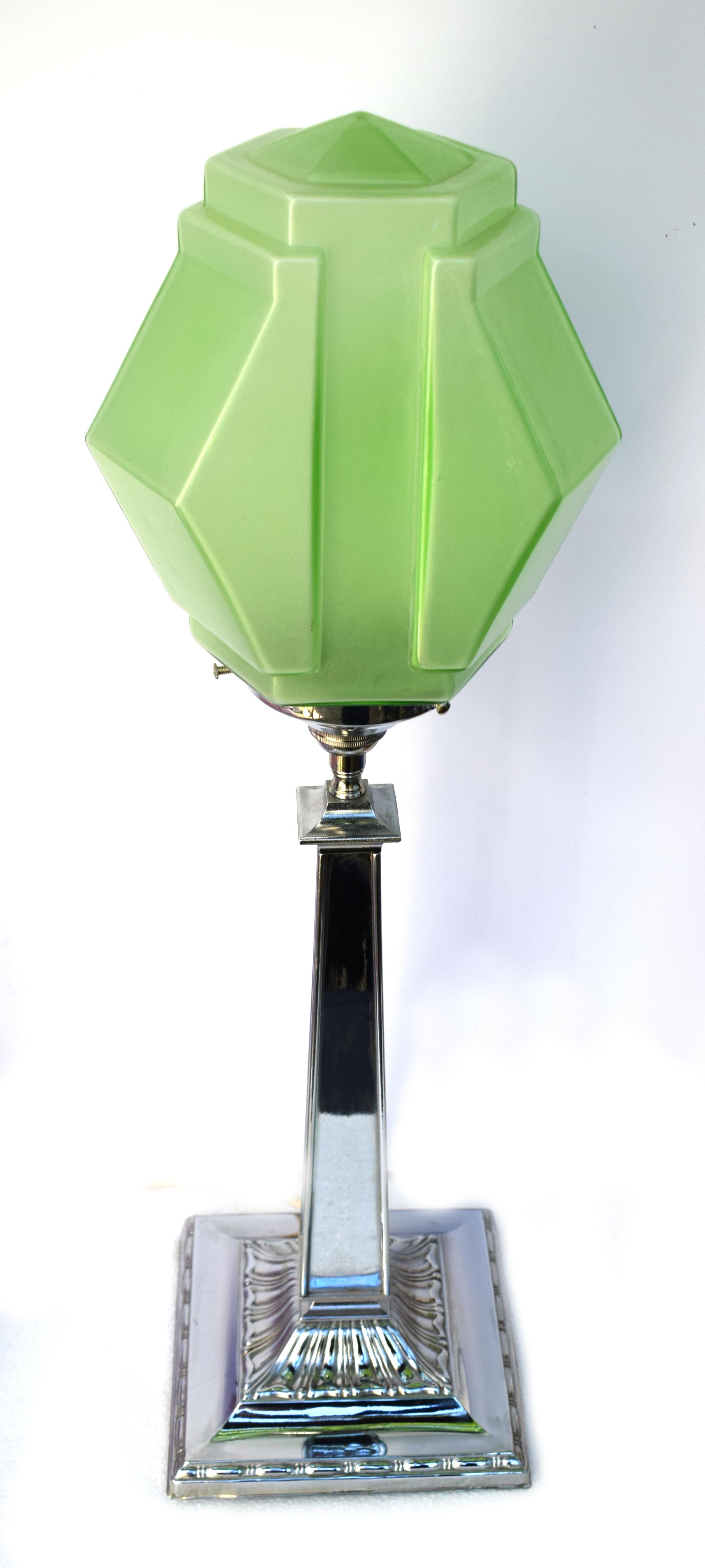 Art Deco Chrome Lamp with Stylish Green Shade, circa 1930s 2