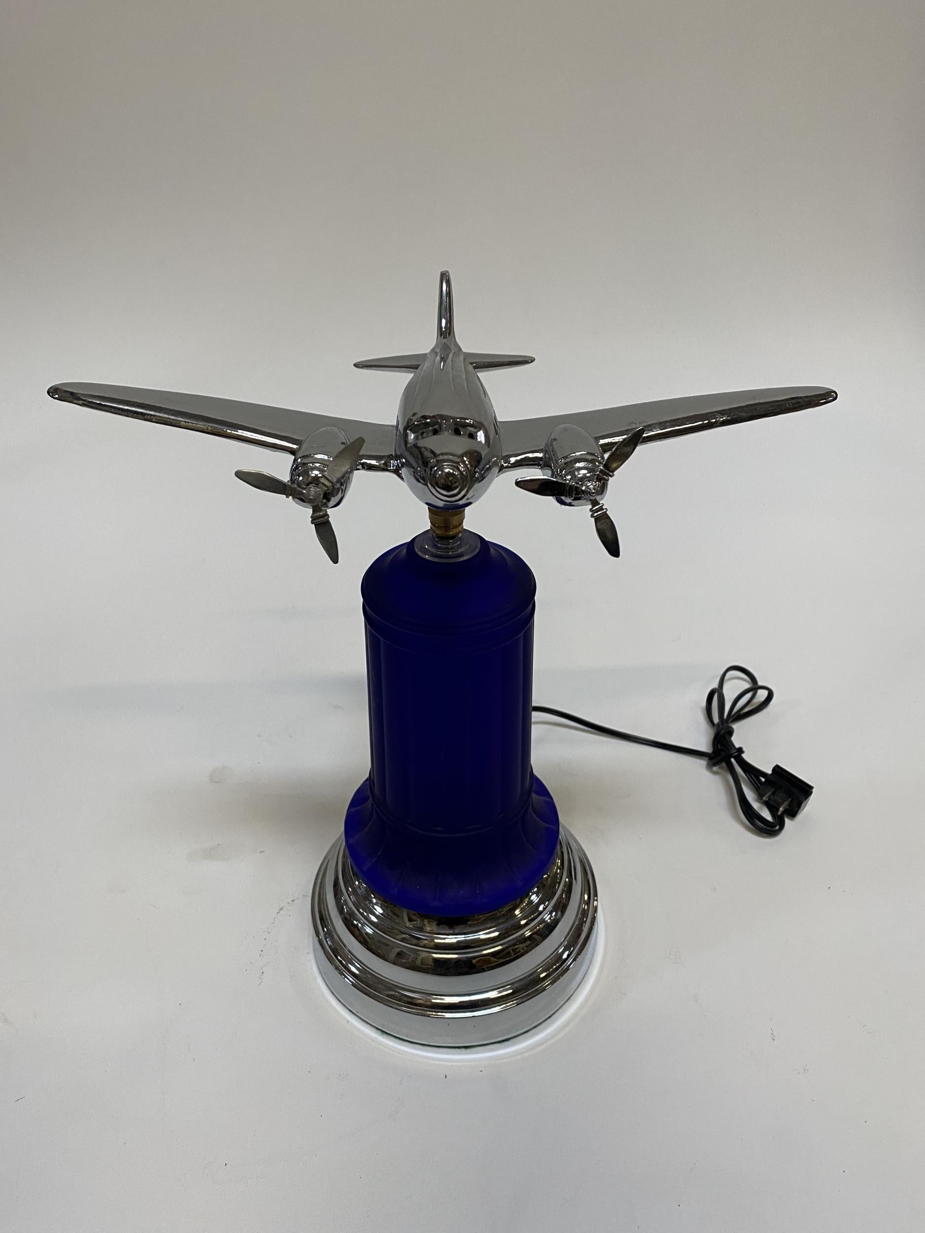 American Art Deco Chrome Light Up Cobalt Airplane Lamp