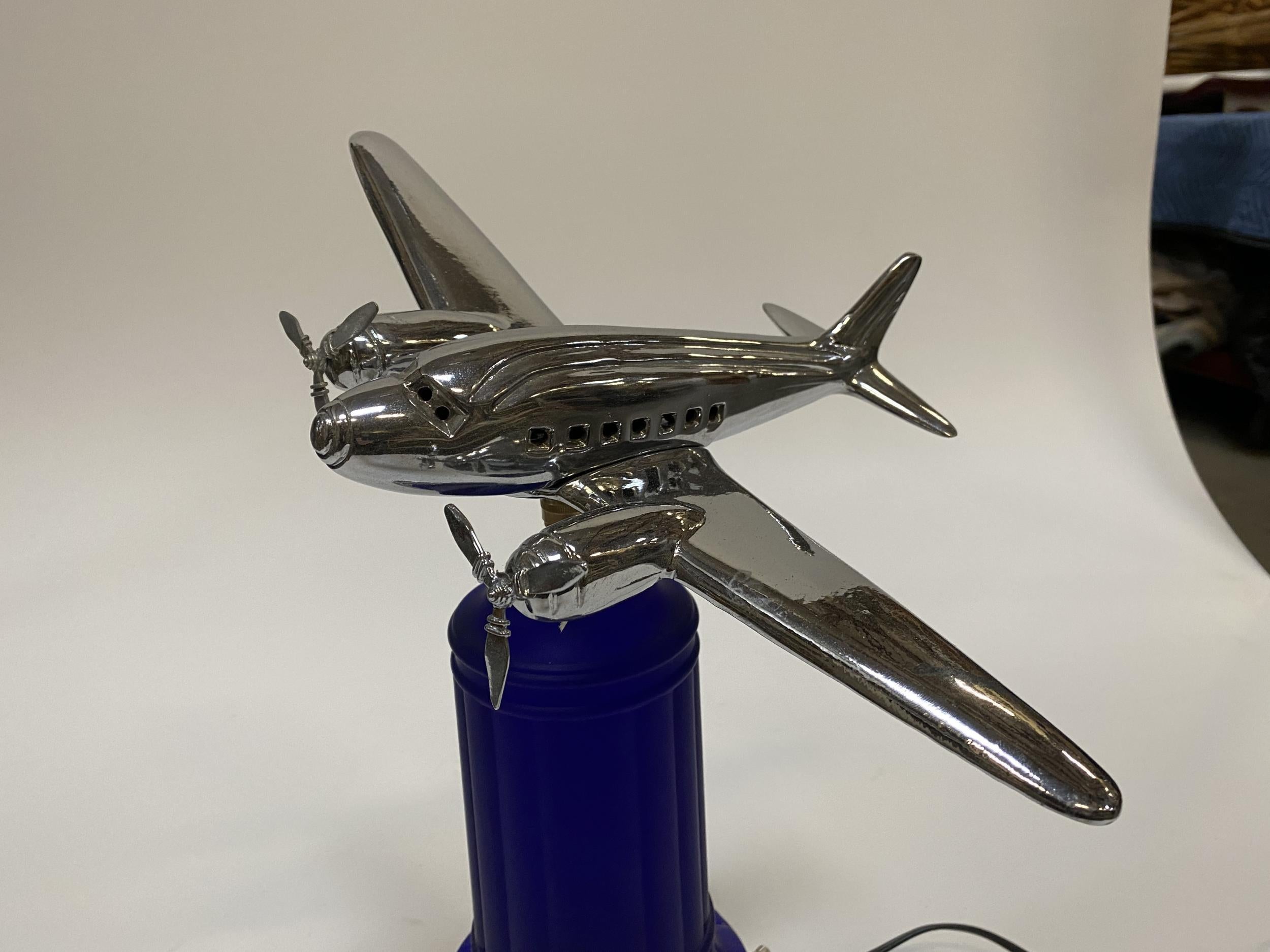 Art Deco Chrome Light Up Cobalt Airplane Lamp In Excellent Condition In Van Nuys, CA