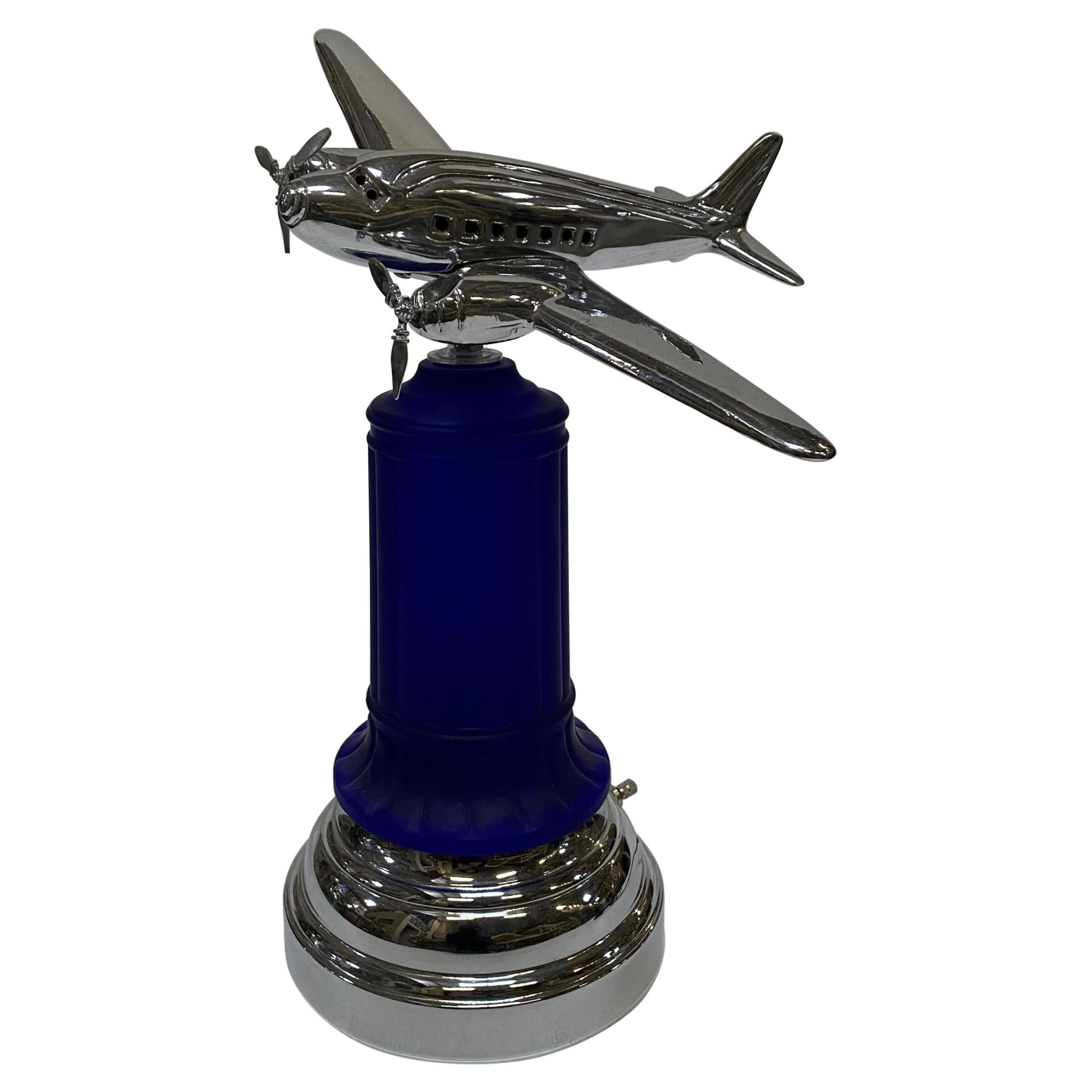 Art Deco Chrome Light Up Cobalt Airplane Lamp