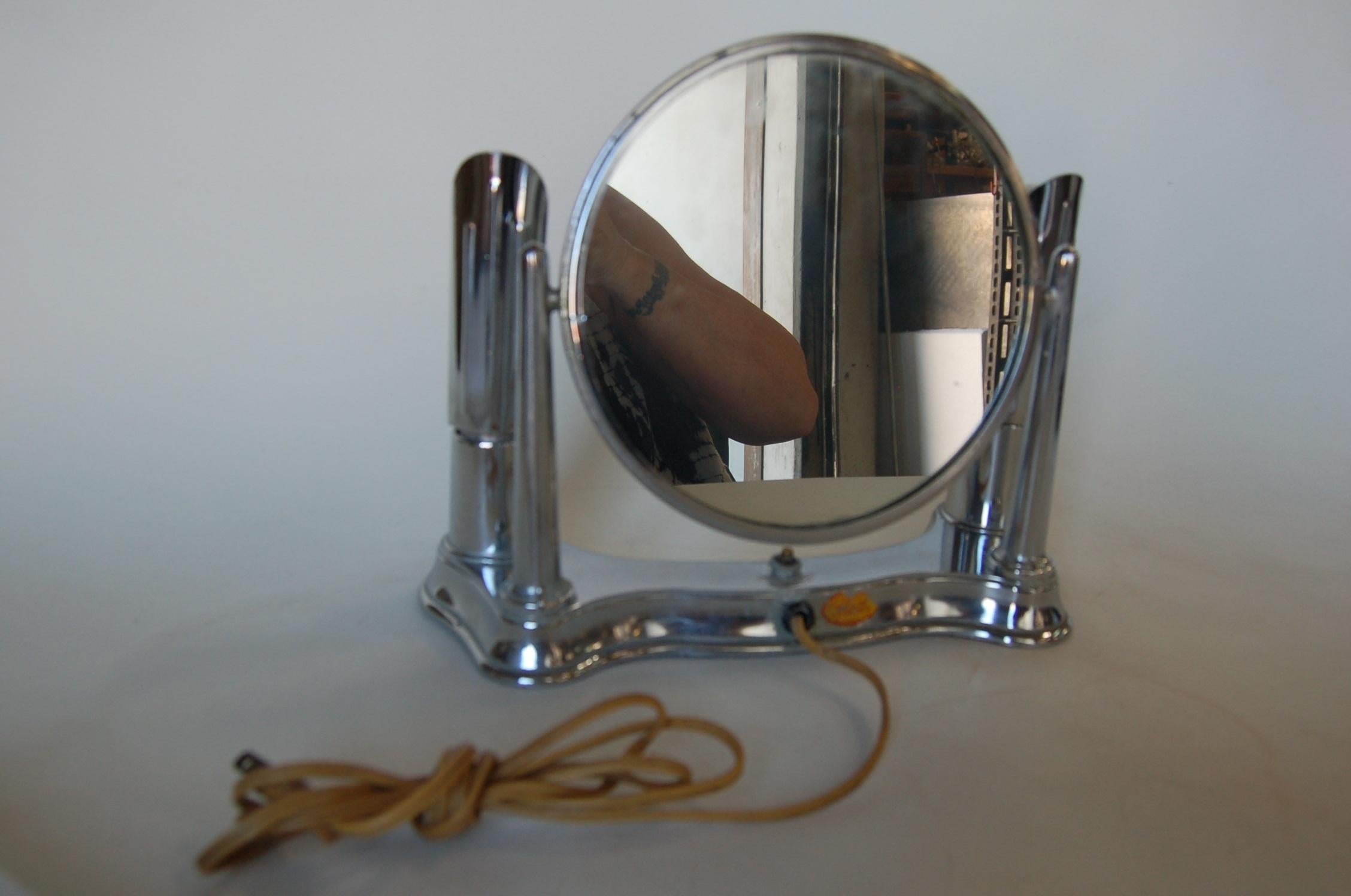 Mid-20th Century Art Deco Chrome Lightup Vanity Makeup Magnifying Mirror by Bel-Ayre