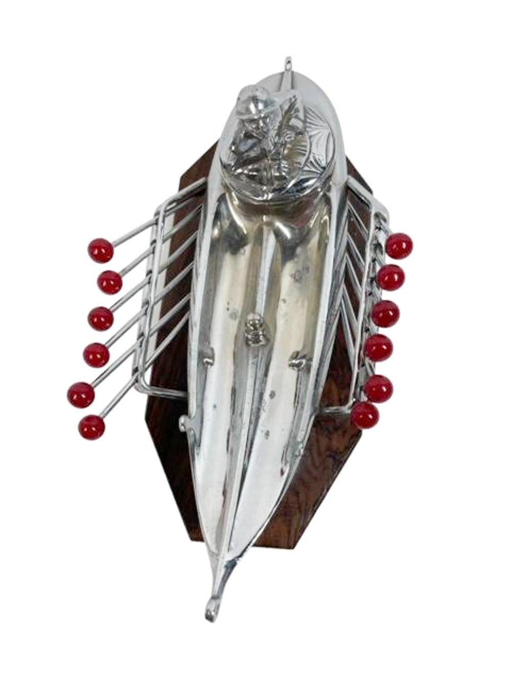 French Art Deco Chrome Man in a Dory Cocktail Pick Set with 12 Red Ball Topped Picks For Sale