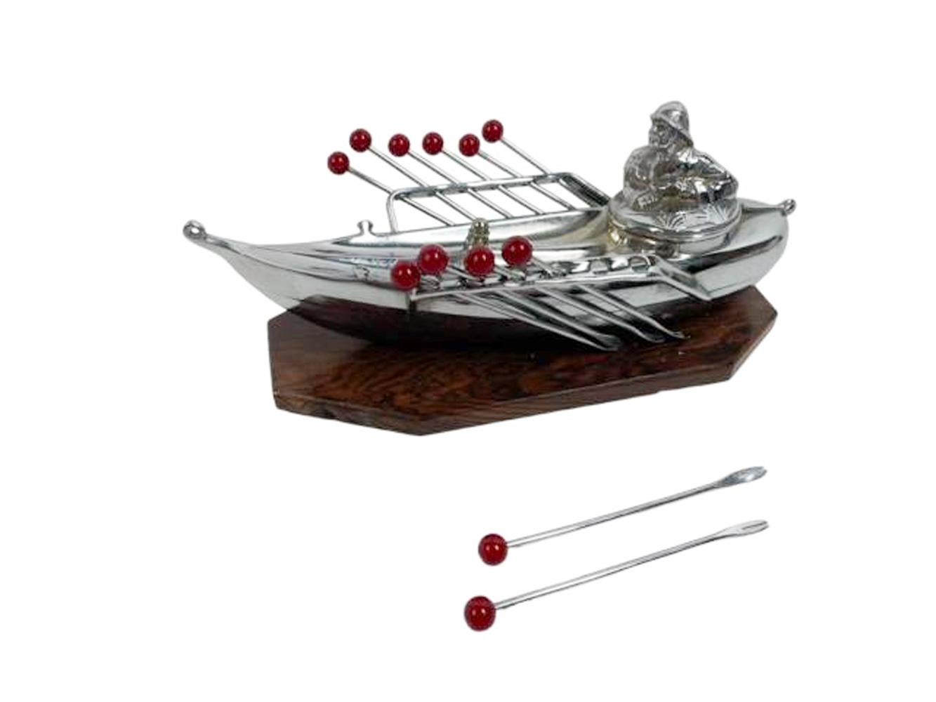 20th Century Art Deco Chrome Man in a Dory Cocktail Pick Set with 12 Red Ball Topped Picks For Sale