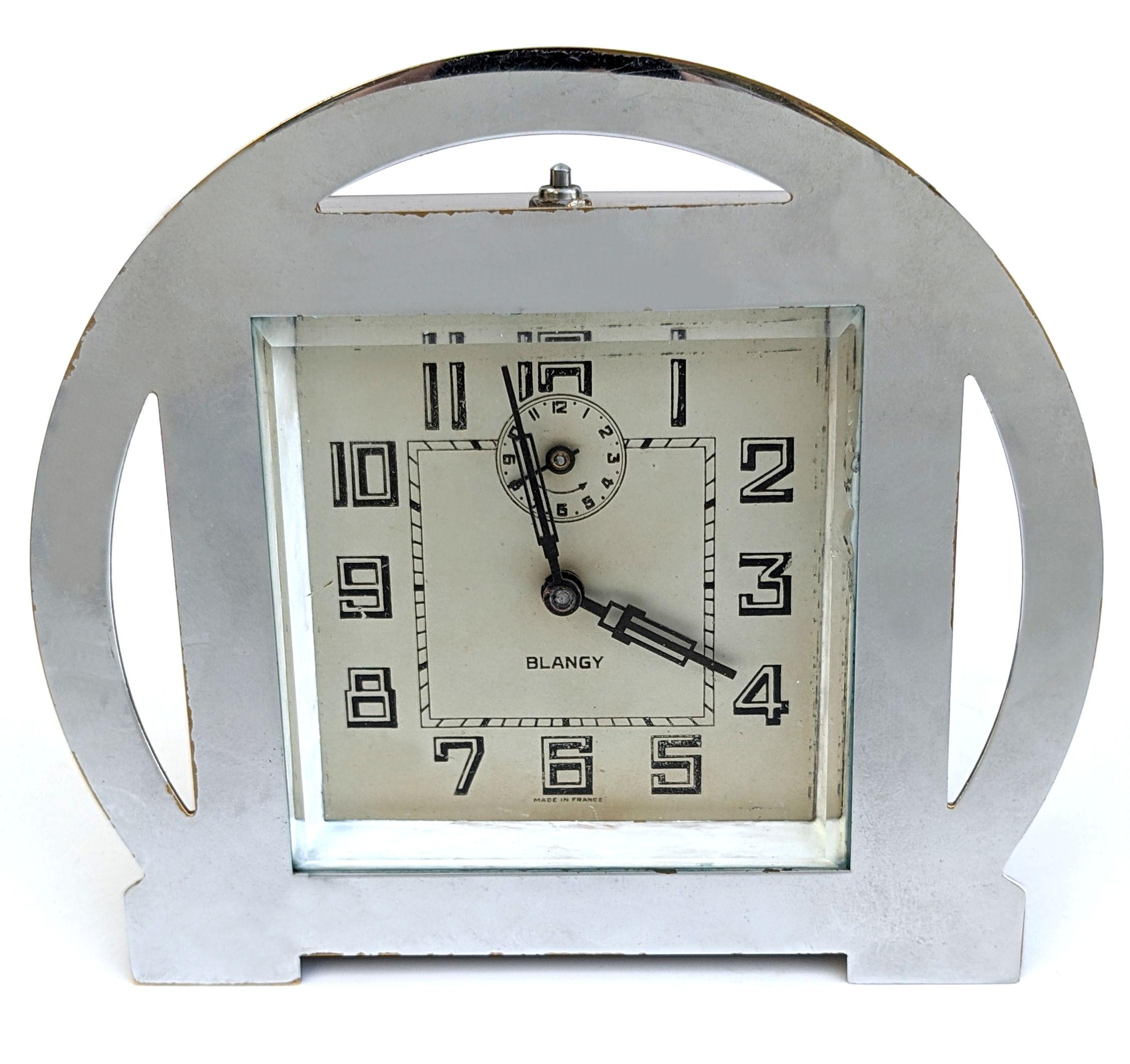 Art Deco Chrome Manual Clock By Blangy, French, c1930 For Sale 2