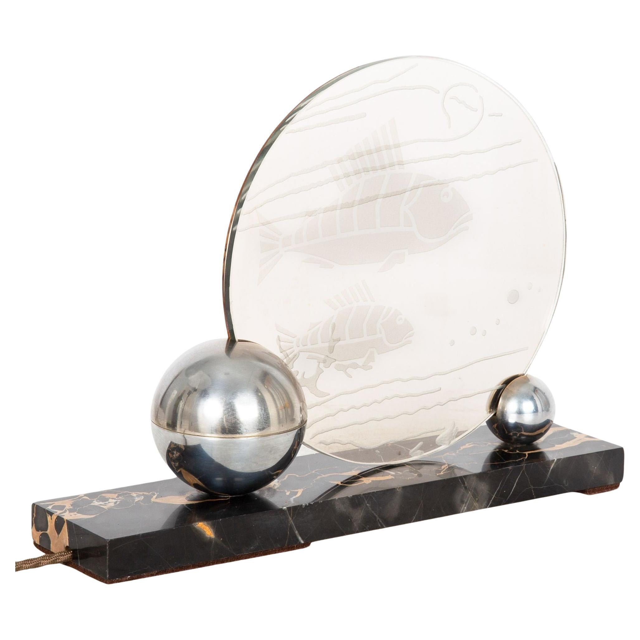 Art-déco-Tischleuchte Lumiere aus Chrom, Marmor, Glas mit Fischmotiven, ca. 1930er Jahre