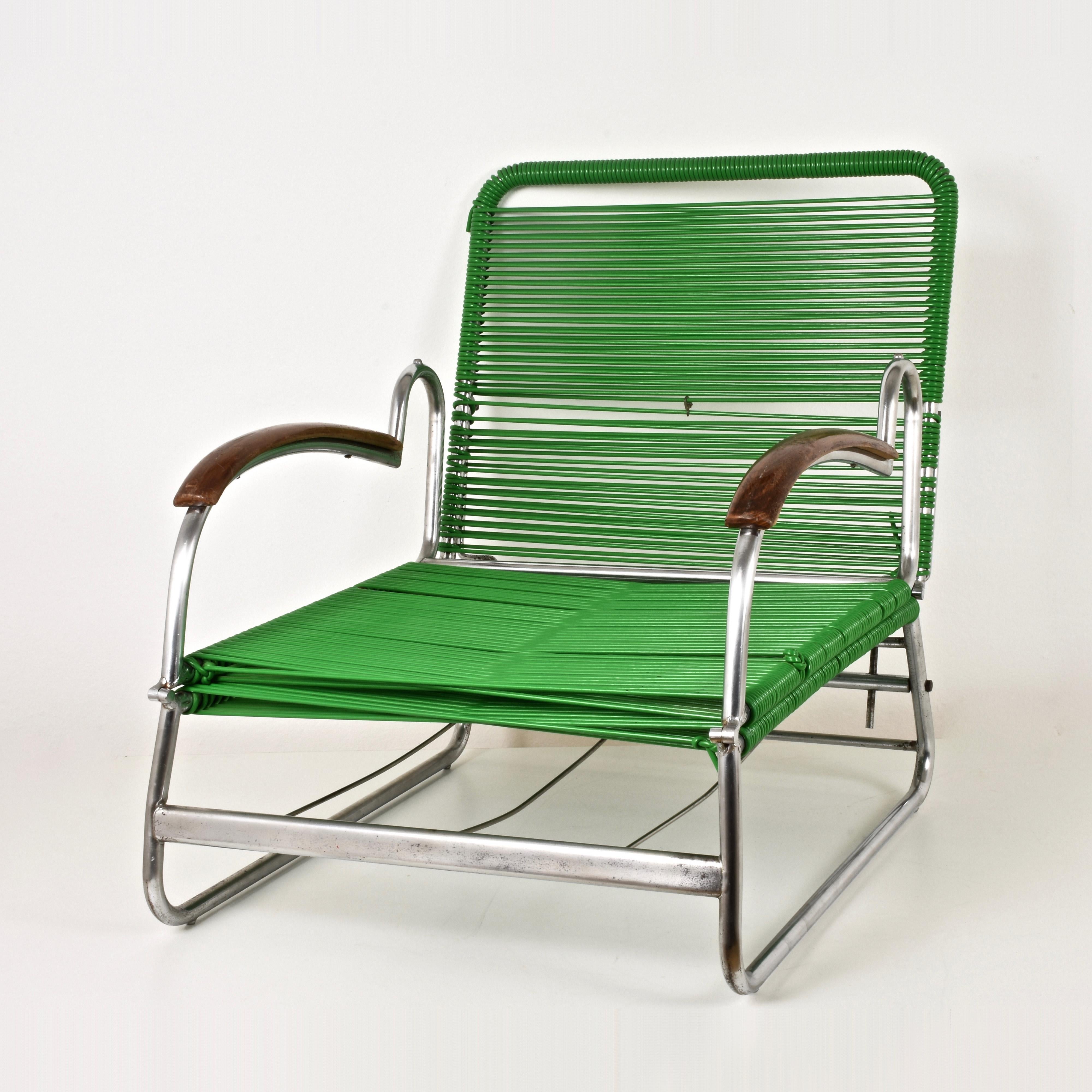 Art Deco Chrome Metal and PVC Green Cord Armchair in Marcel Breuer Style, 1930s 4