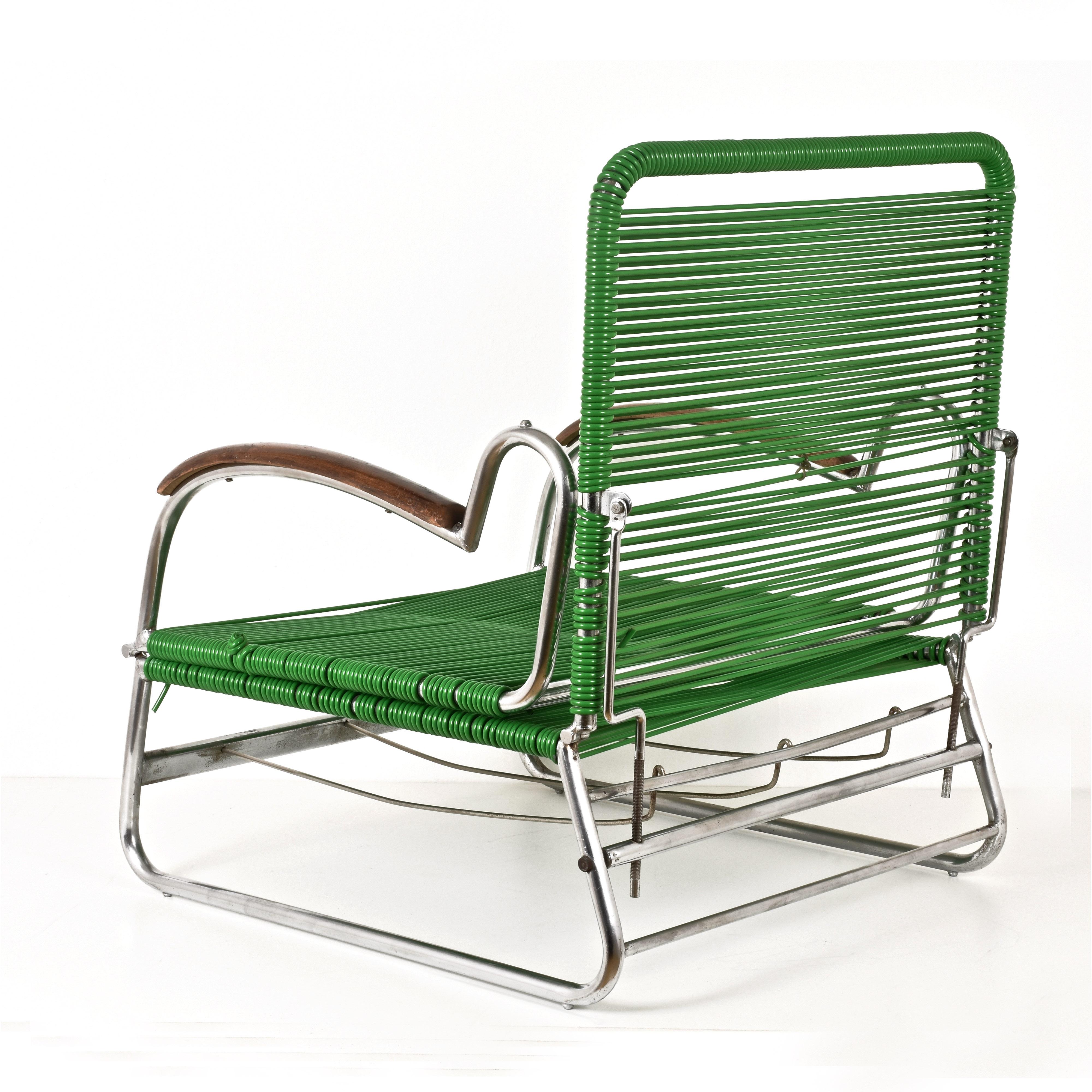 Art Deco Chrome Metal and PVC Green Cord Armchair in Marcel Breuer Style, 1930s 6