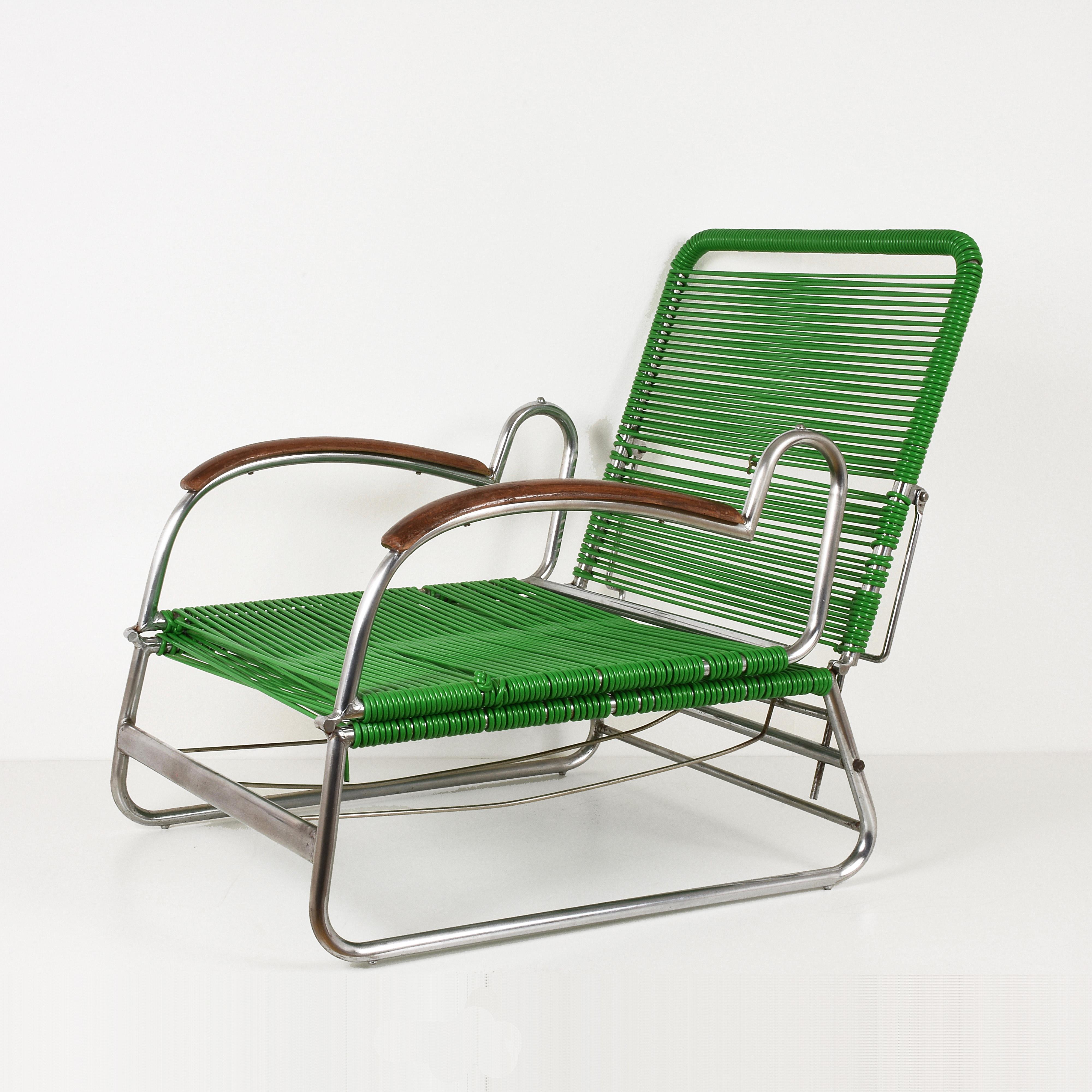 Italian Art Deco Chrome Metal and PVC Green Cord Armchair in Marcel Breuer Style, 1930s