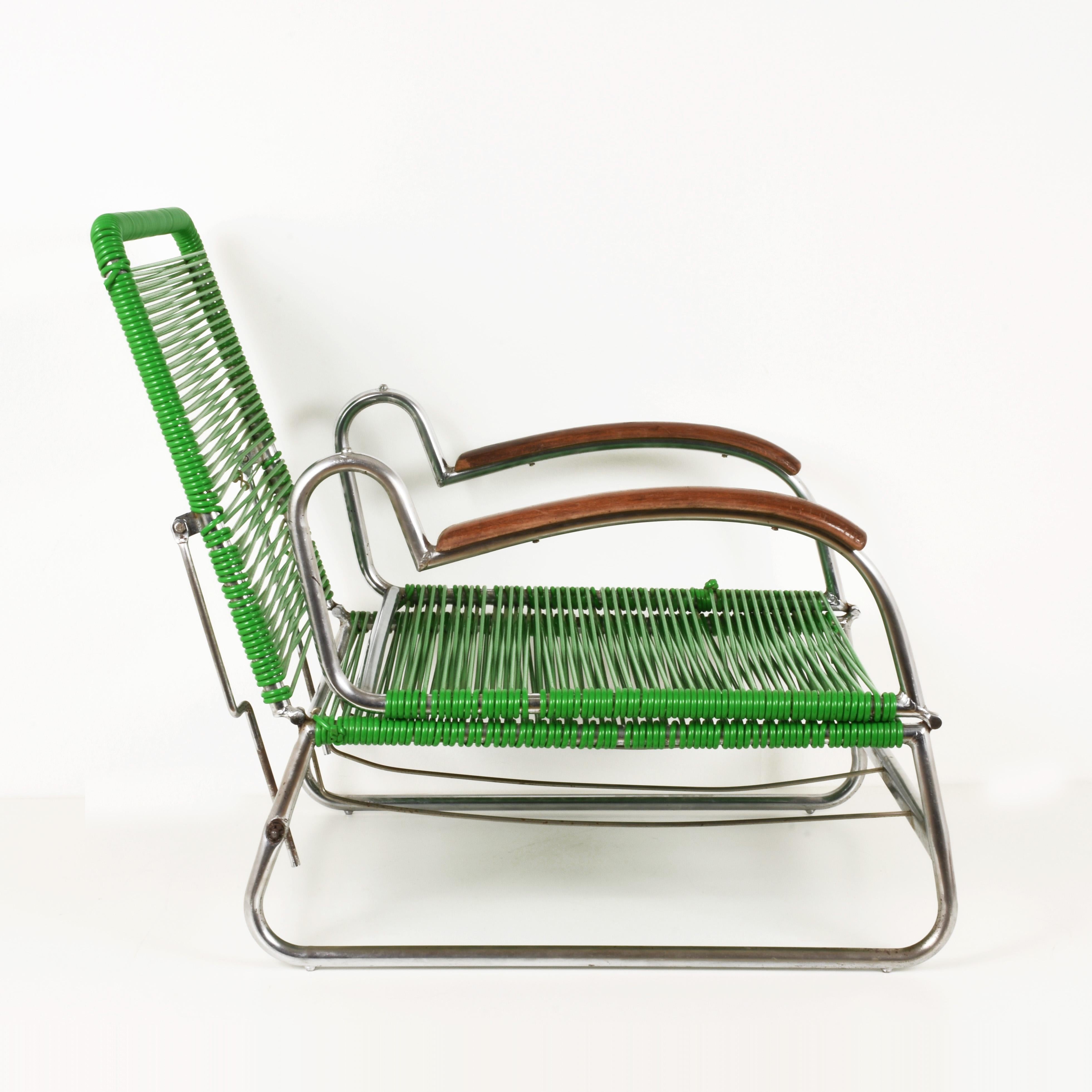 Art Deco Chrome Metal and PVC Green Cord Armchair in Marcel Breuer Style, 1930s In Good Condition In Roma, IT
