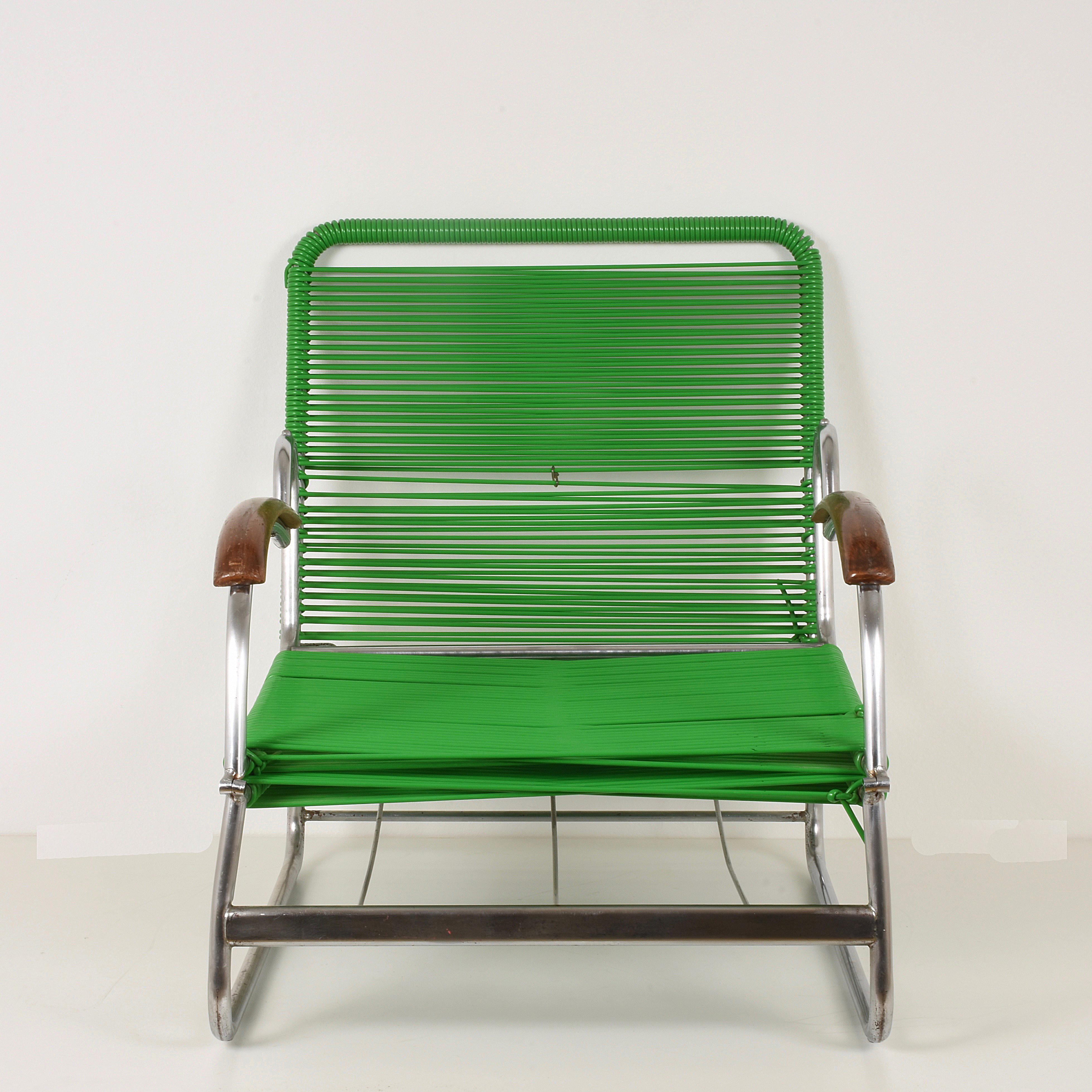 Mid-20th Century Art Deco Chrome Metal and PVC Green Cord Armchair in Marcel Breuer Style, 1930s