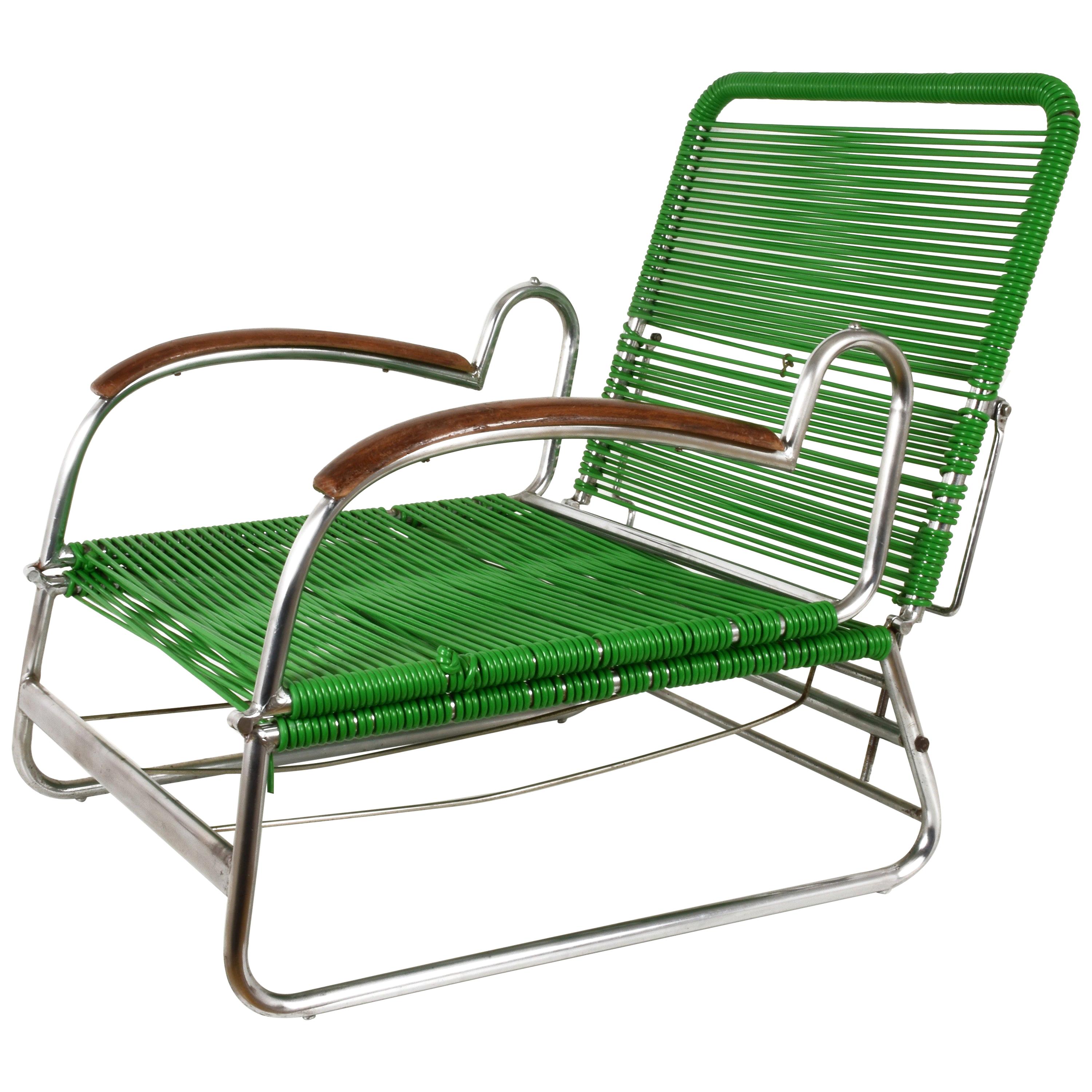 Art Deco Chrome Metal and PVC Green Cord Armchair in Marcel Breuer Style, 1930s