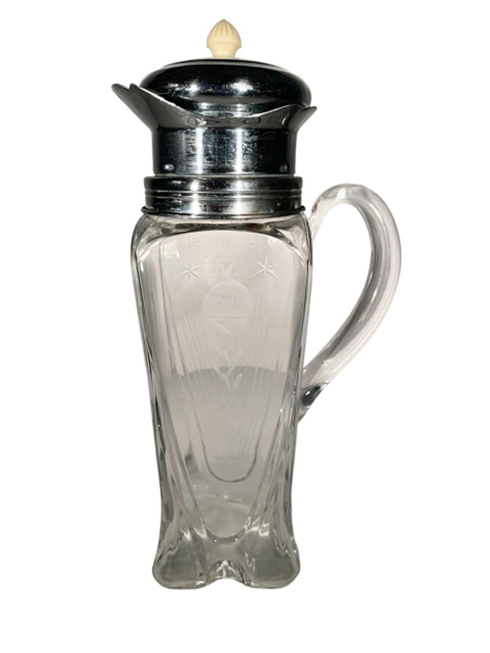 20th Century Art Deco Chrome Mounted Cambridge Glass Cocktail Shaker / Pitcher For Sale