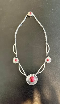 Art Deco Chrome Necklace Machine Age Red Galalith Geometric Jakob Bengel Style