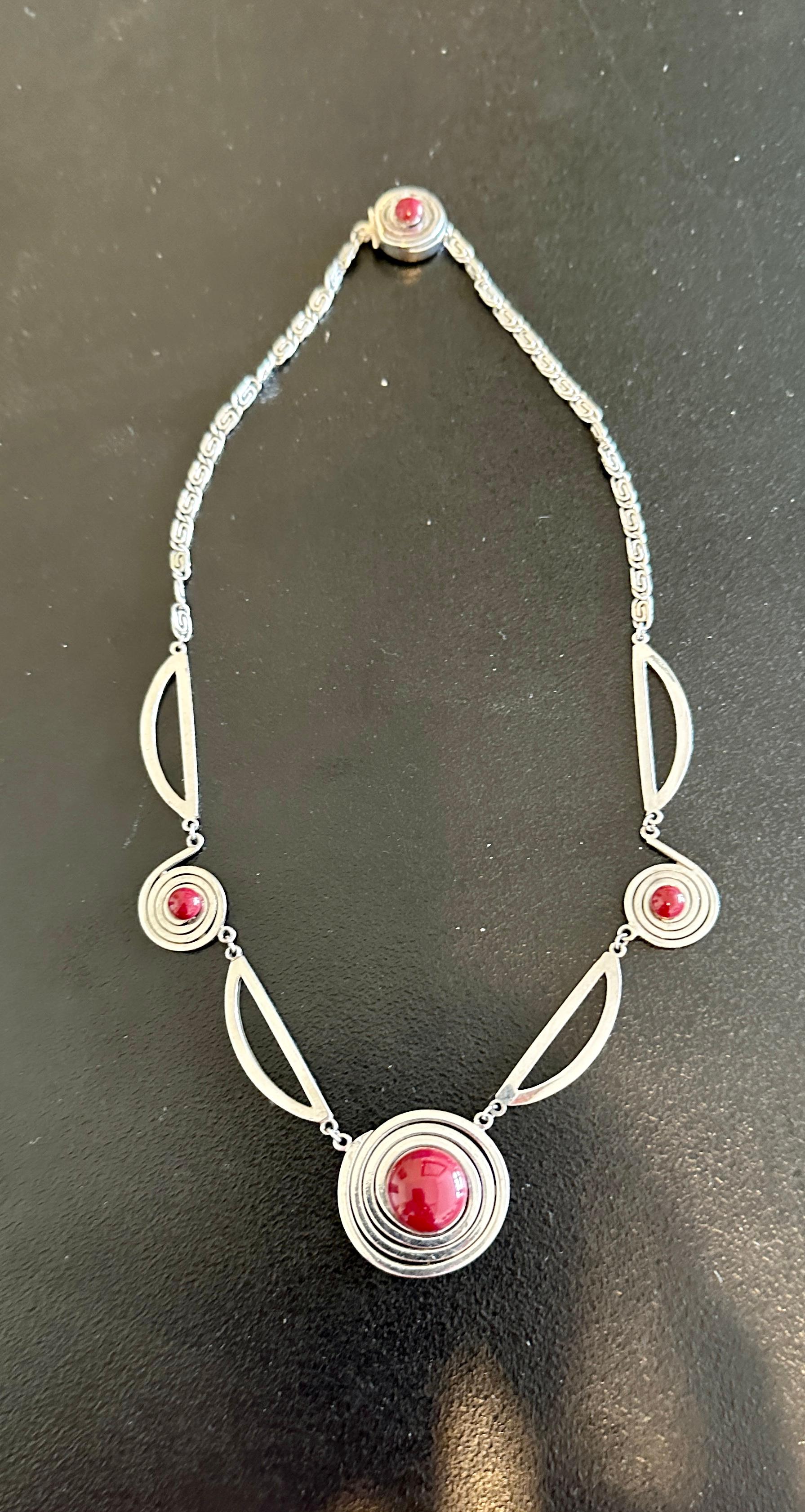 Art Deco Chrome Necklace Machine Age Red Galalith Geometric Jakob Bengel Style In Excellent Condition For Sale In New York, NY