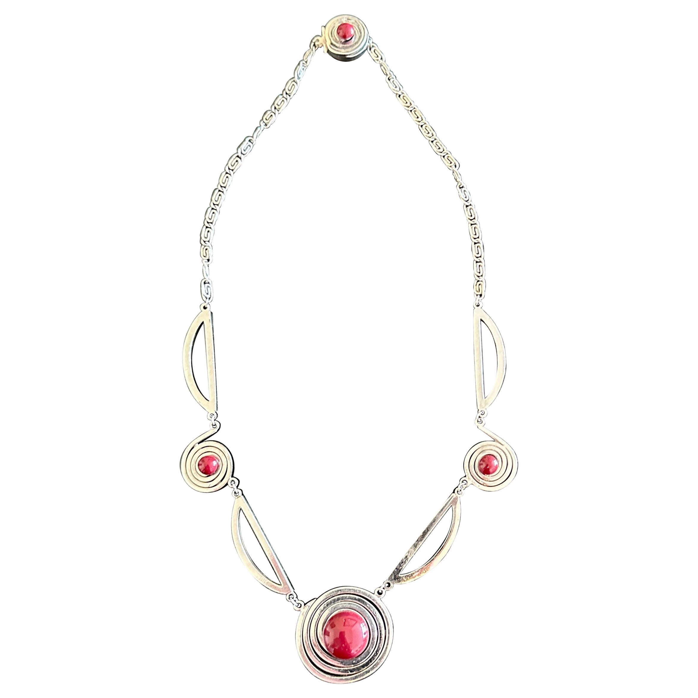 Collar Art Decó Cromo Edad de la Máquina Rojo Galalith Geométrico Estilo Jakob Bengel