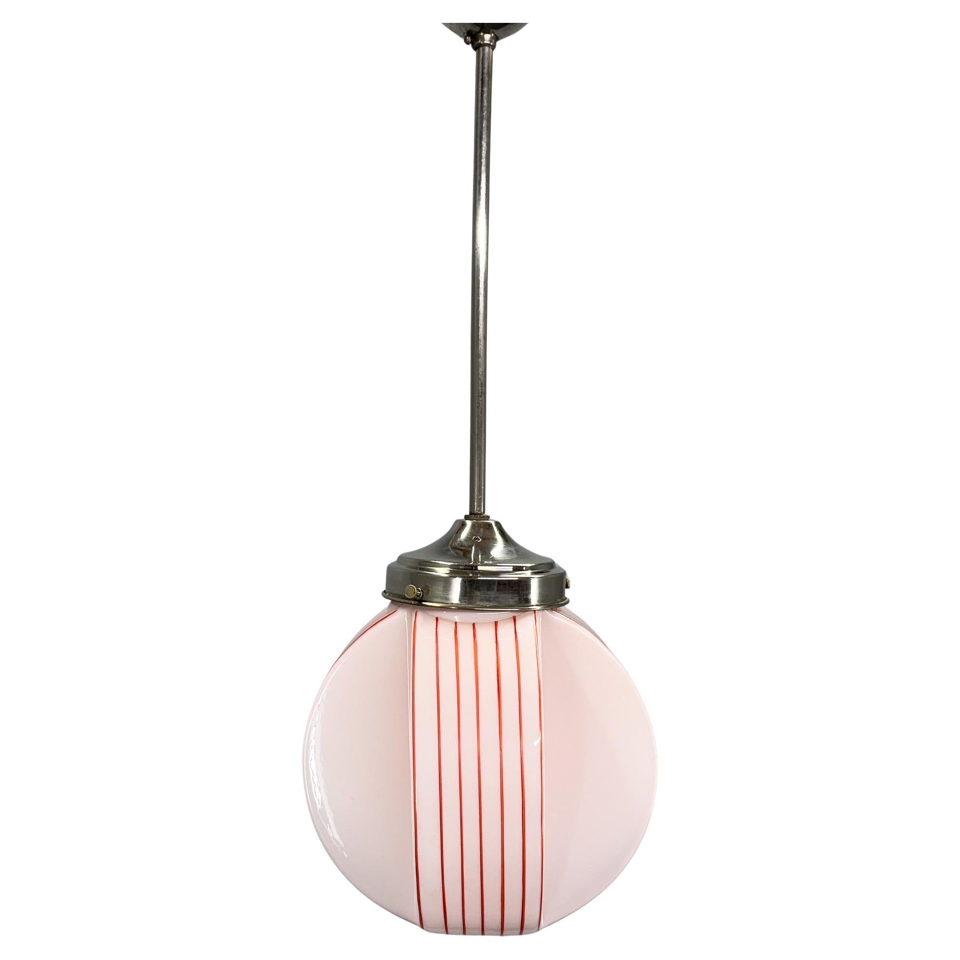 Art Deco Chrome & Opaline Glass Pendant Light, Czechoslovakia