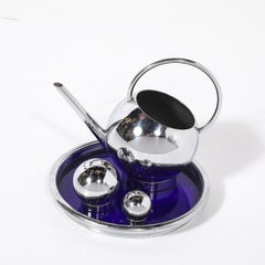 Art Deco Chrom Pfannkuchen Corn Set Blue Tablett von Russel Wright für Chase