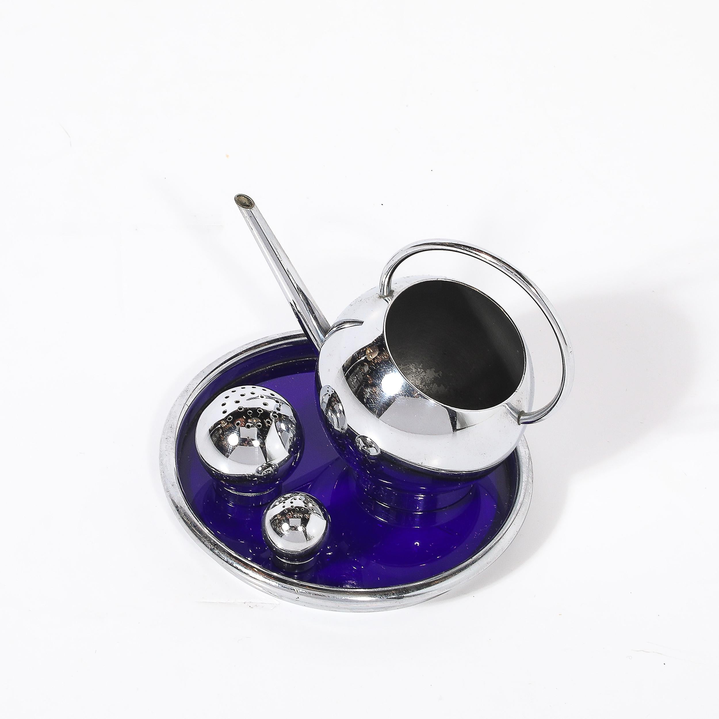 American Art Deco Chrome Pancake Corn Set Blue Tray by Russel Wright for Chase For Sale