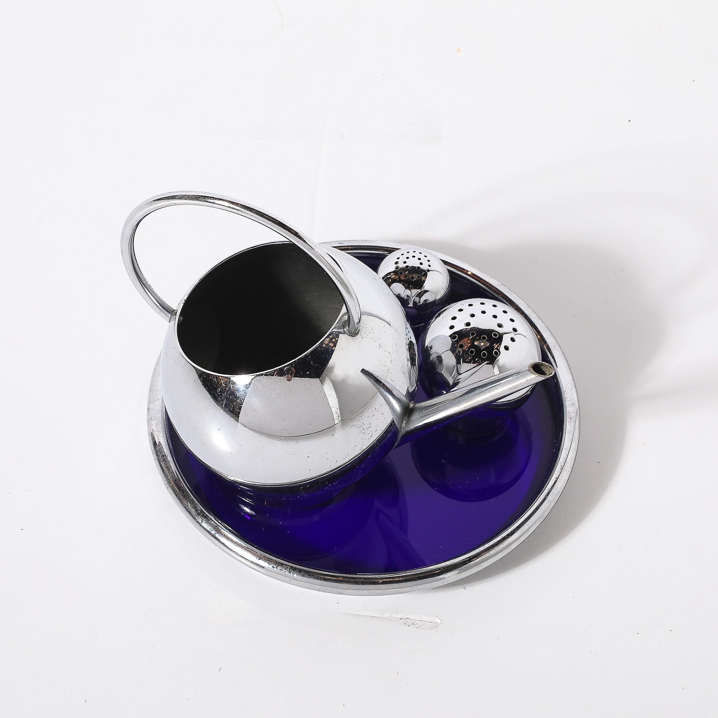 Mid-20th Century Art Deco Chrome Pancake Corn Set Blue Tray by Russel Wright for Chase For Sale