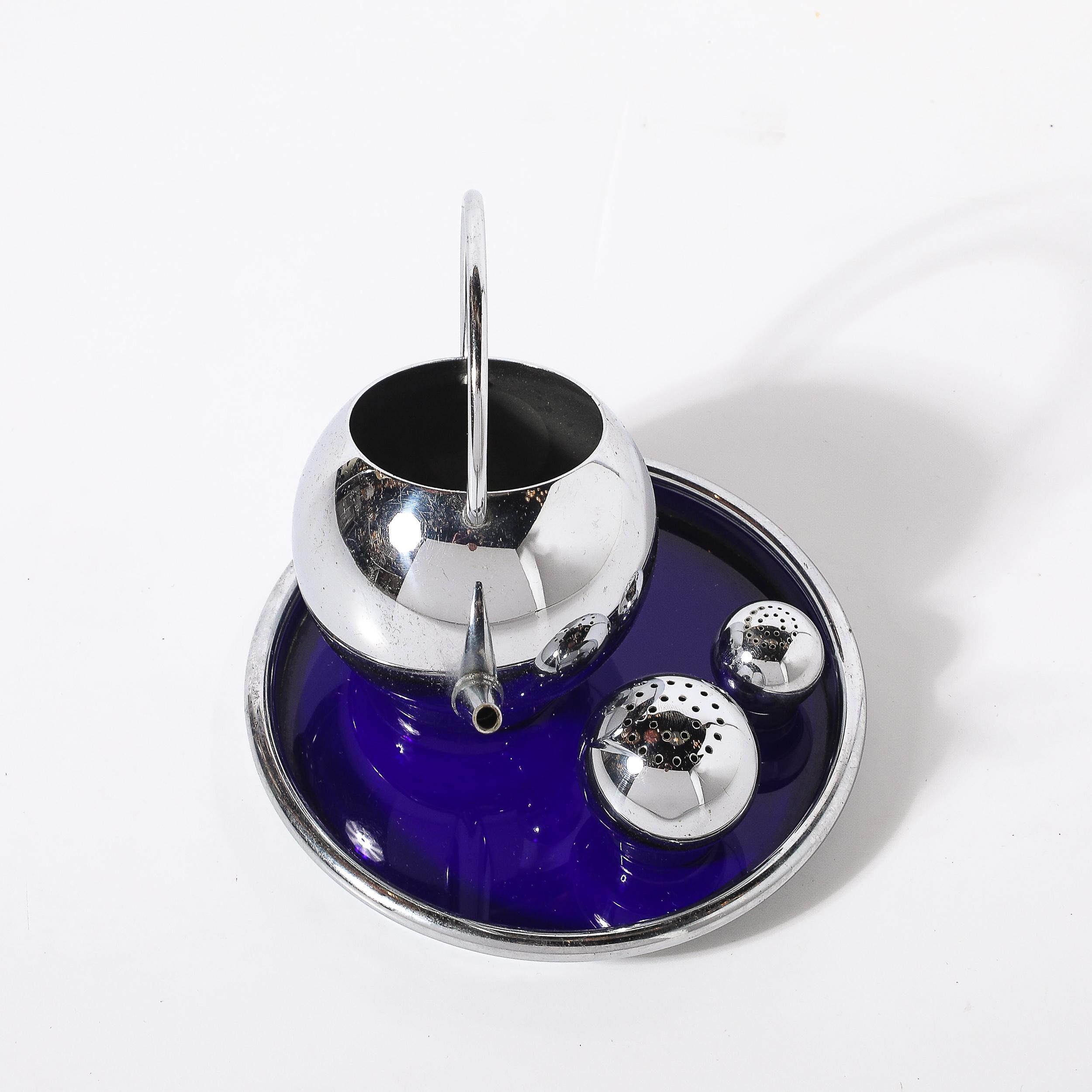 Art Deco Chrome Pancake Corn Set Blue Tray by Russel Wright for Chase For Sale 1