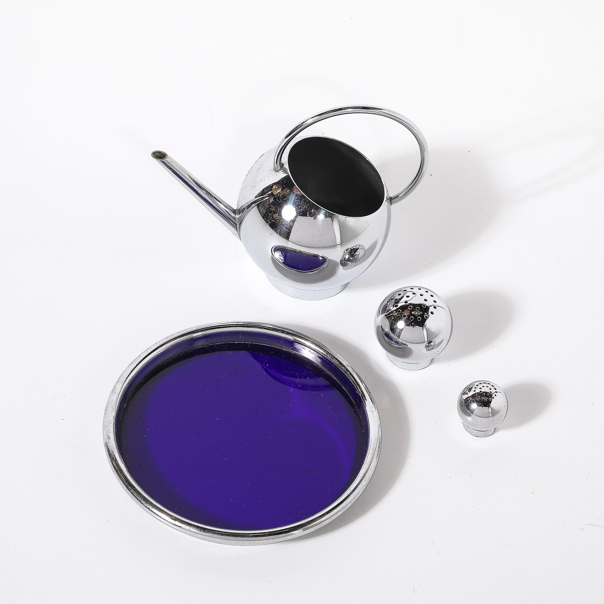 Art Deco Chrome Pancake Corn Set Blue Tray by Russel Wright for Chase For Sale 2