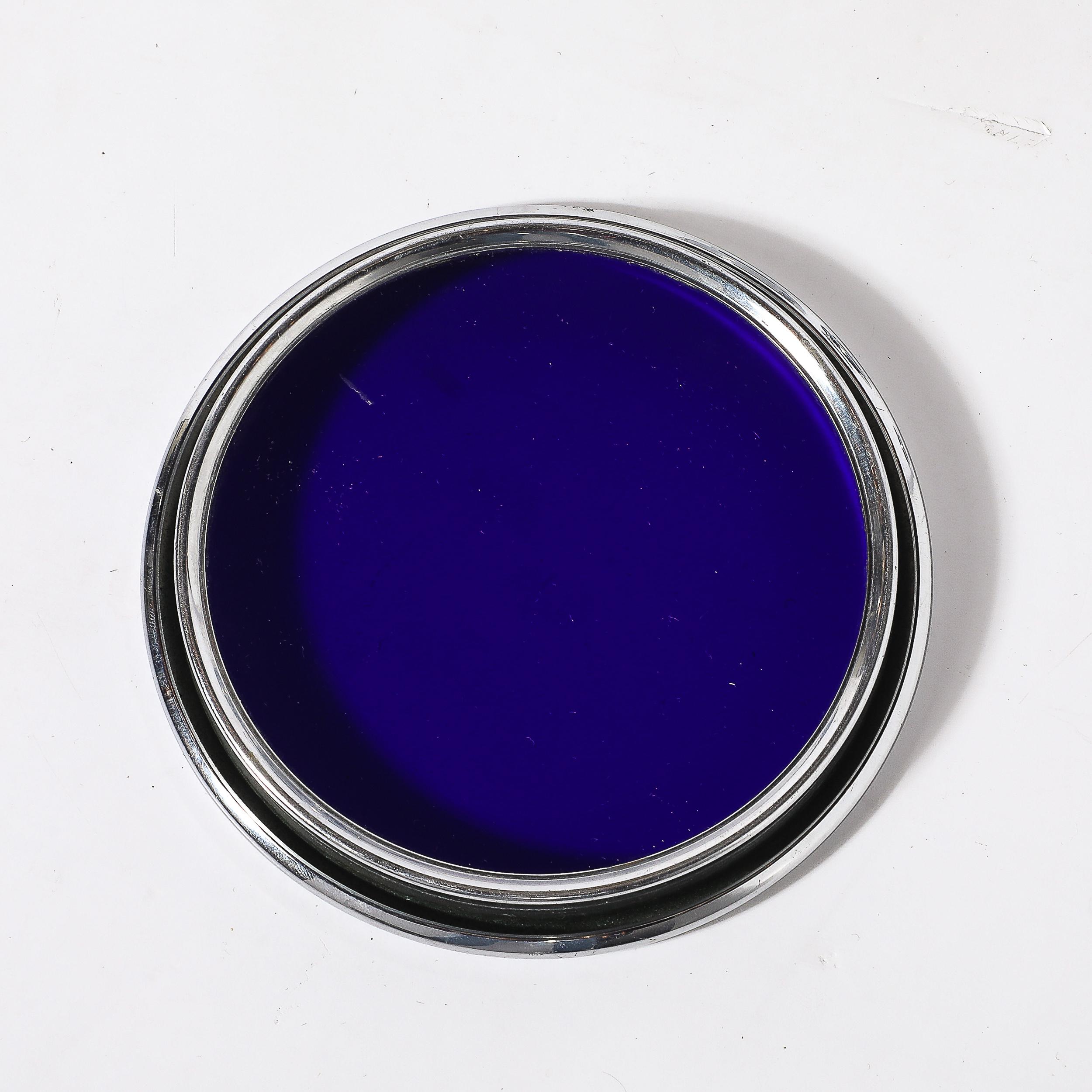 Art Deco Chrome Pancake Corn Set Blue Tray by Russel Wright for Chase For Sale 3