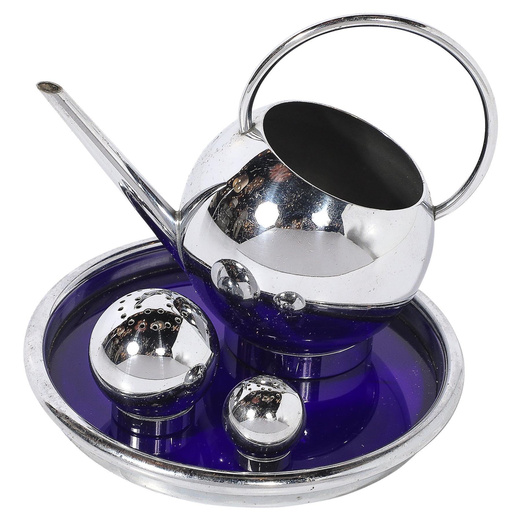 Art Deco Chrome Pancake Corn Set Blue Tray by Russel Wright for Chase For Sale