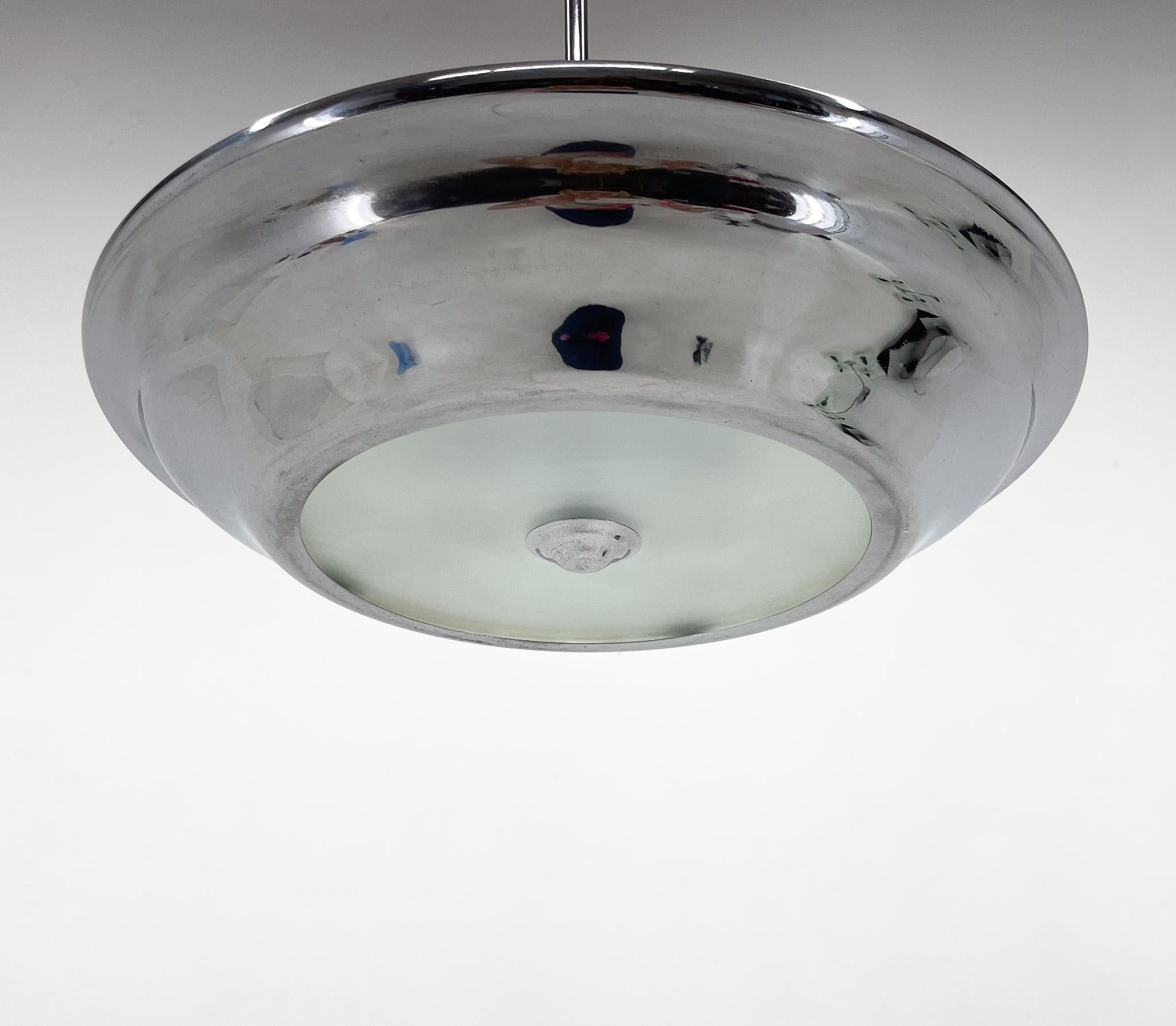 Art deco chrome pendant light by famous designer Franta Anýž. Produced in former Czechoslovakia in the 1930's. Bulbs: 3x E25-E27. US wiring compatible.