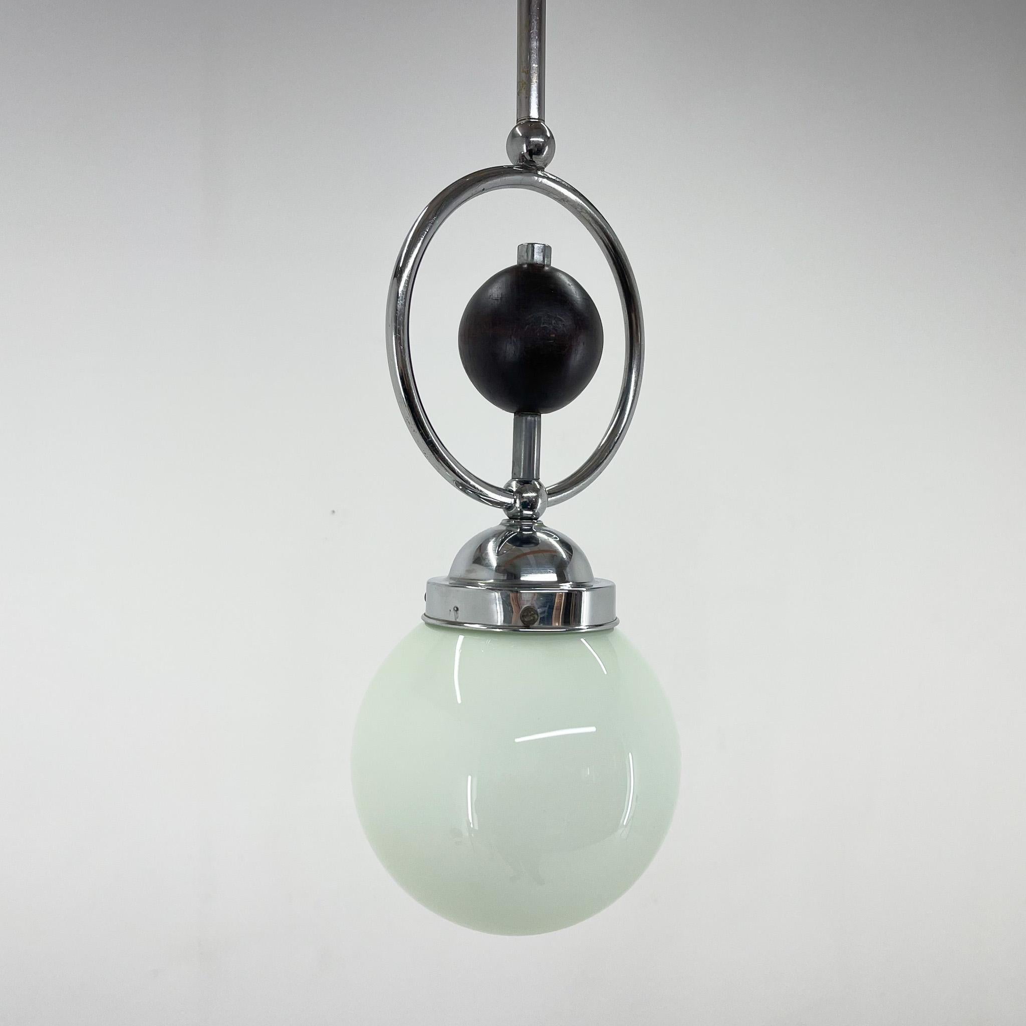 Art Deco Chrome Pendant Light with Wooden Decor In Good Condition For Sale In Praha, CZ