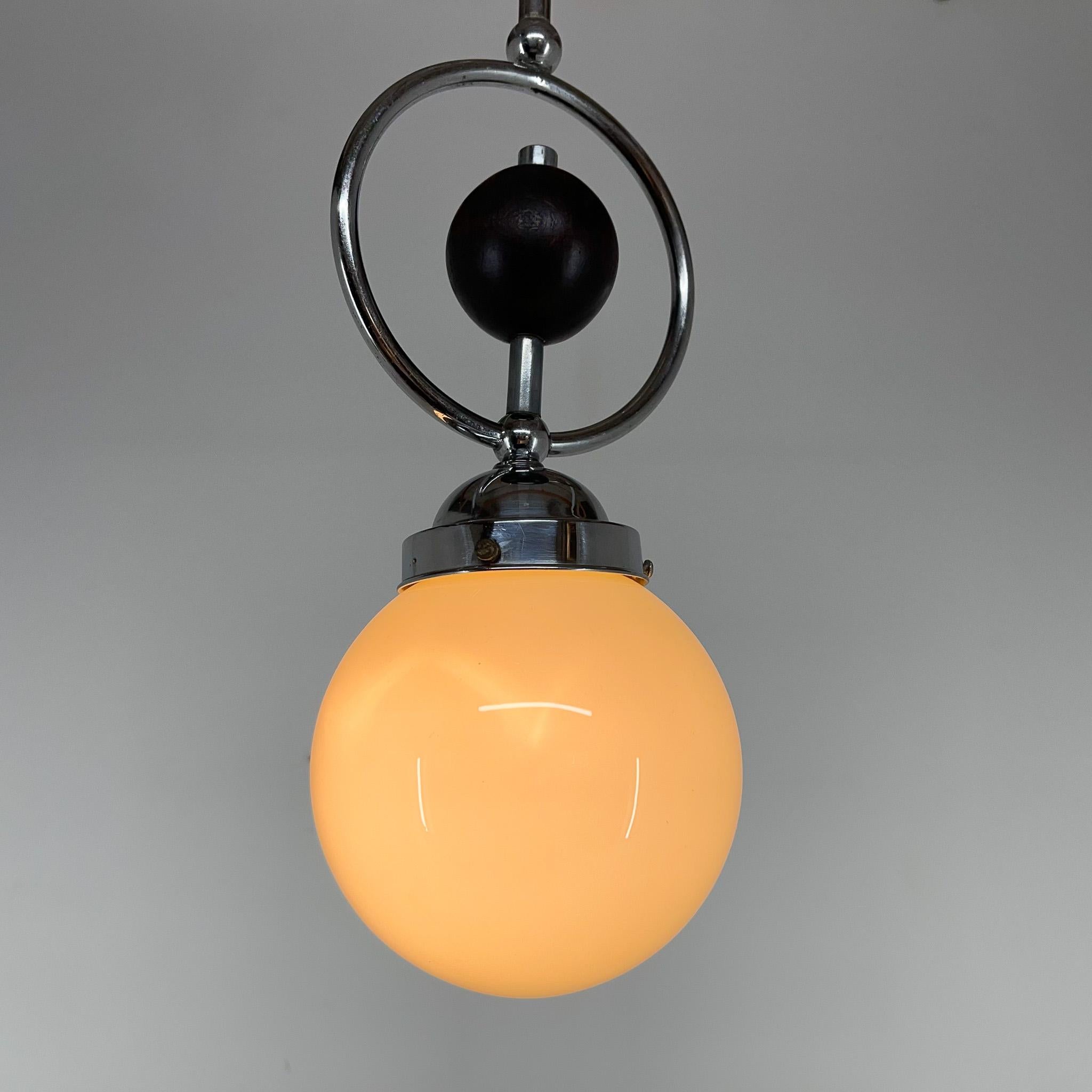 Milk Glass Art Deco Chrome Pendant Light with Wooden Decor For Sale