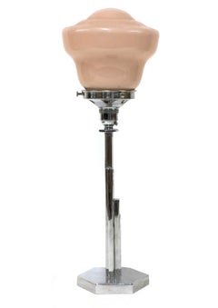 Art Deco Chrome & Pink Glass Table Lamp on a Hexagonal Columnar Plinth, 1920s