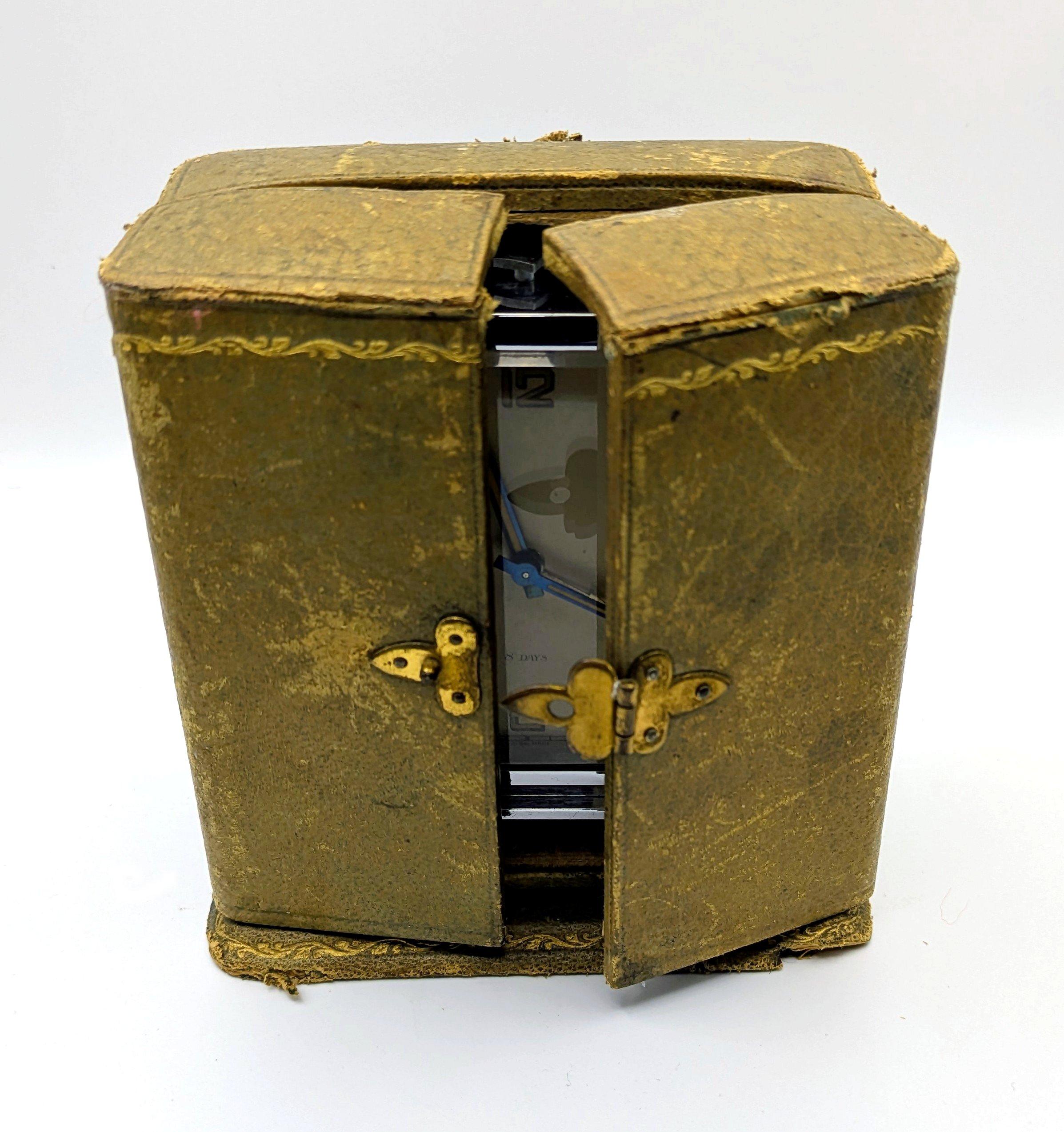 English Art Deco Chrome-Plated Travel Clock by Harrods of London (1930s) For Sale