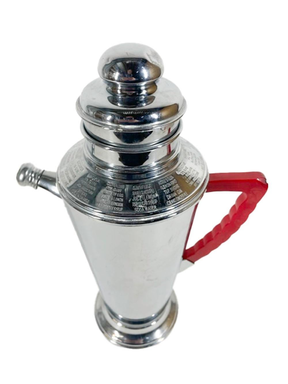 Art Deco chrome plated cocktail shaker by the National Silver Company, with a red Bakelite handle and having an angled shoulder engraved with 14 cocktail recipes above an inverted conical body raised on a stepped foot. Marked on the underside 